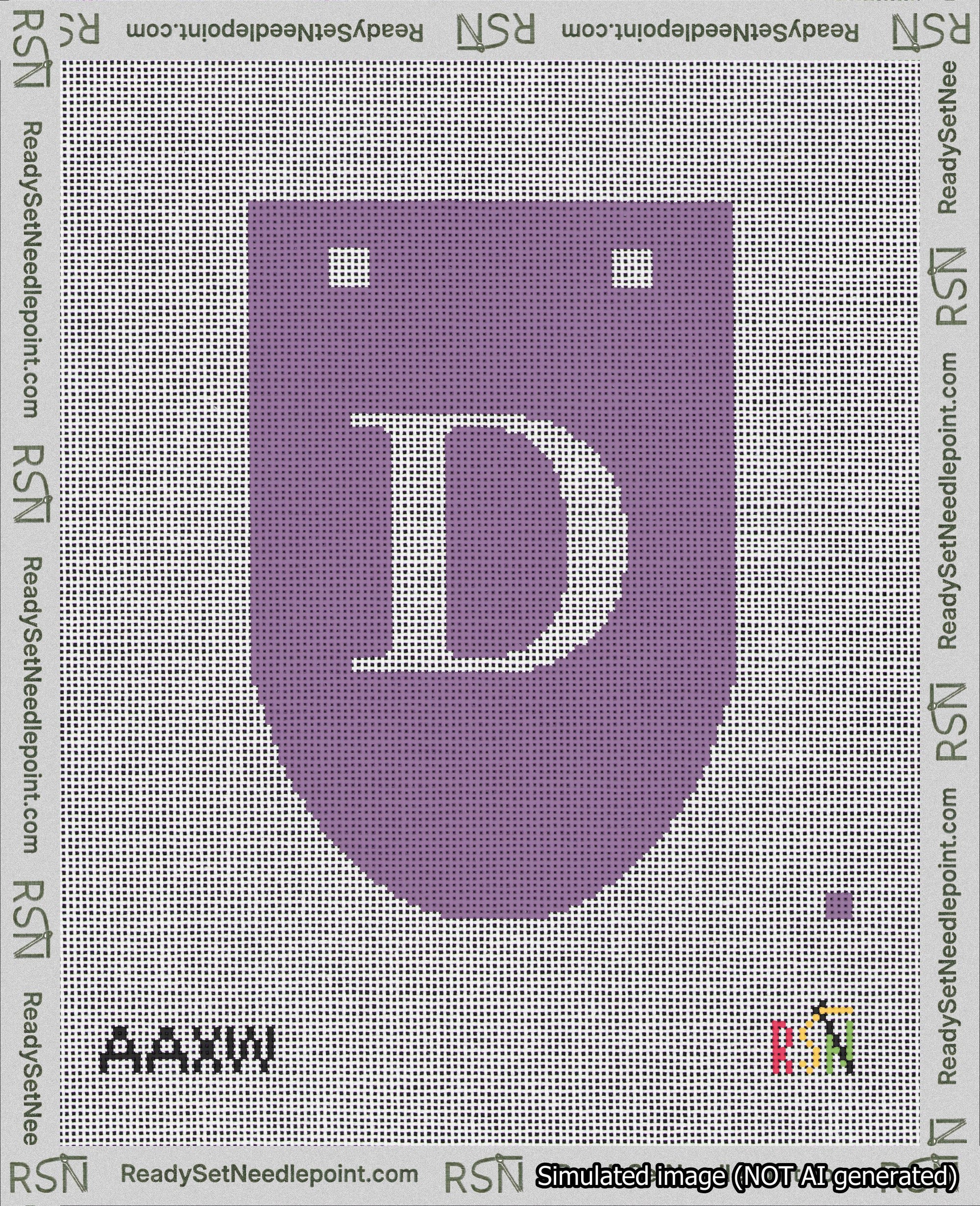 A taped needlepoint canvas with the design: Banner 18 mesh count Rounded D White on Purple.