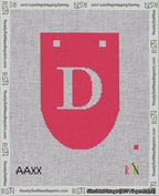 A taped needlepoint canvas with the design: Banner 18 mesh count Rounded D White on Red.