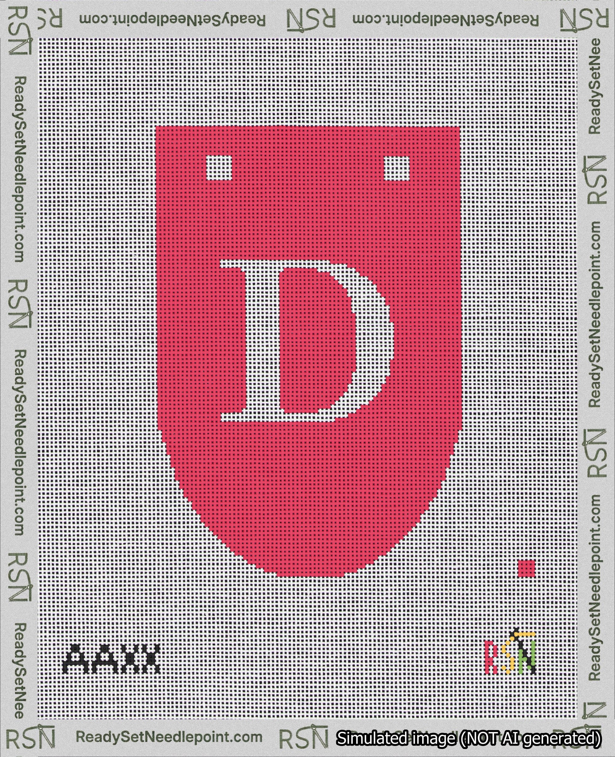 A taped needlepoint canvas with the design: Banner 18 mesh count Rounded D White on Red.