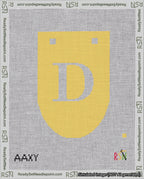 A taped needlepoint canvas with the design: Banner 18 mesh count Rounded D White on Yellow.