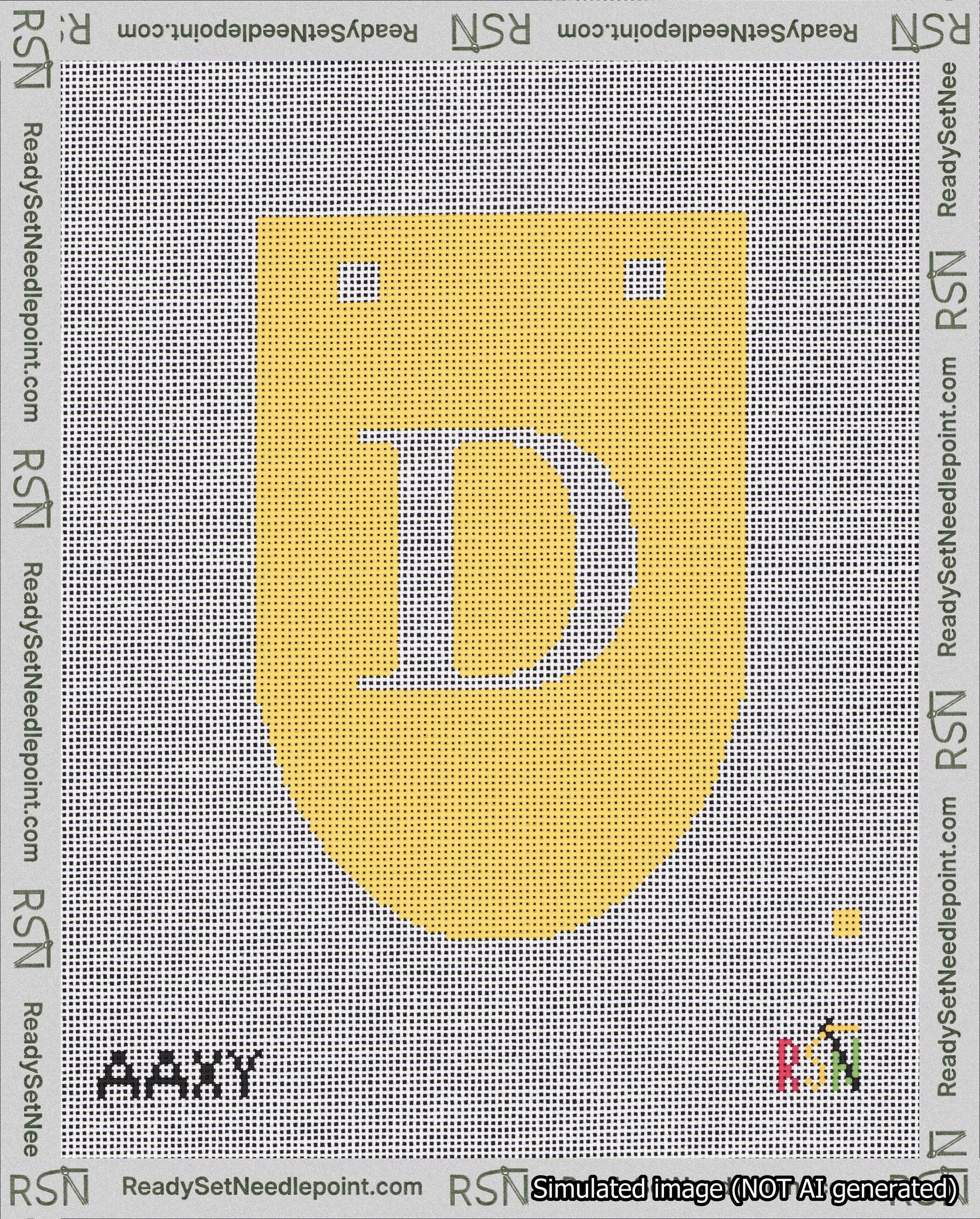 A taped needlepoint canvas with the design: Banner 18 mesh count Rounded D White on Yellow.