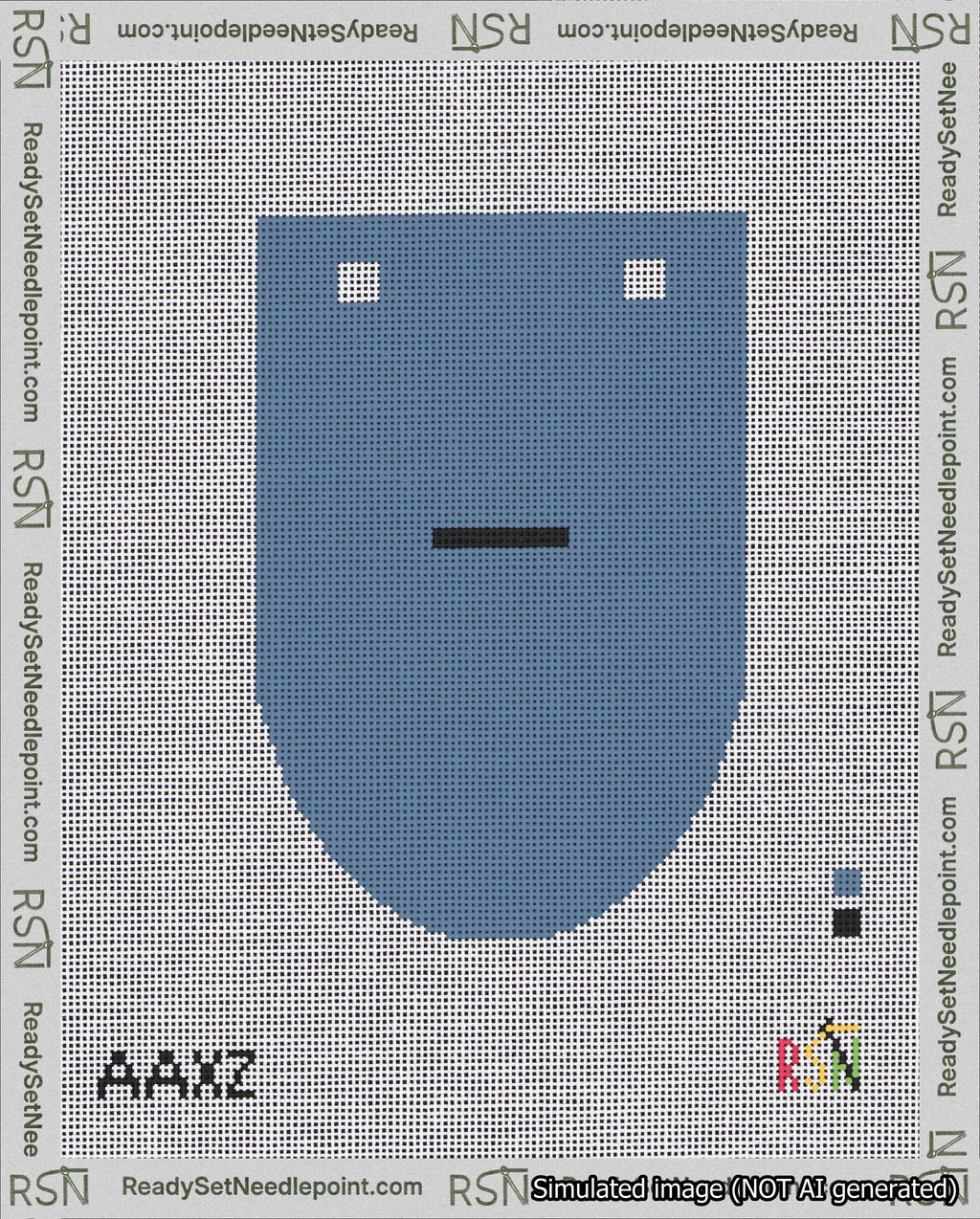 A taped needlepoint canvas with the design: Banner 18 mesh count Rounded Dash Black on Blue.