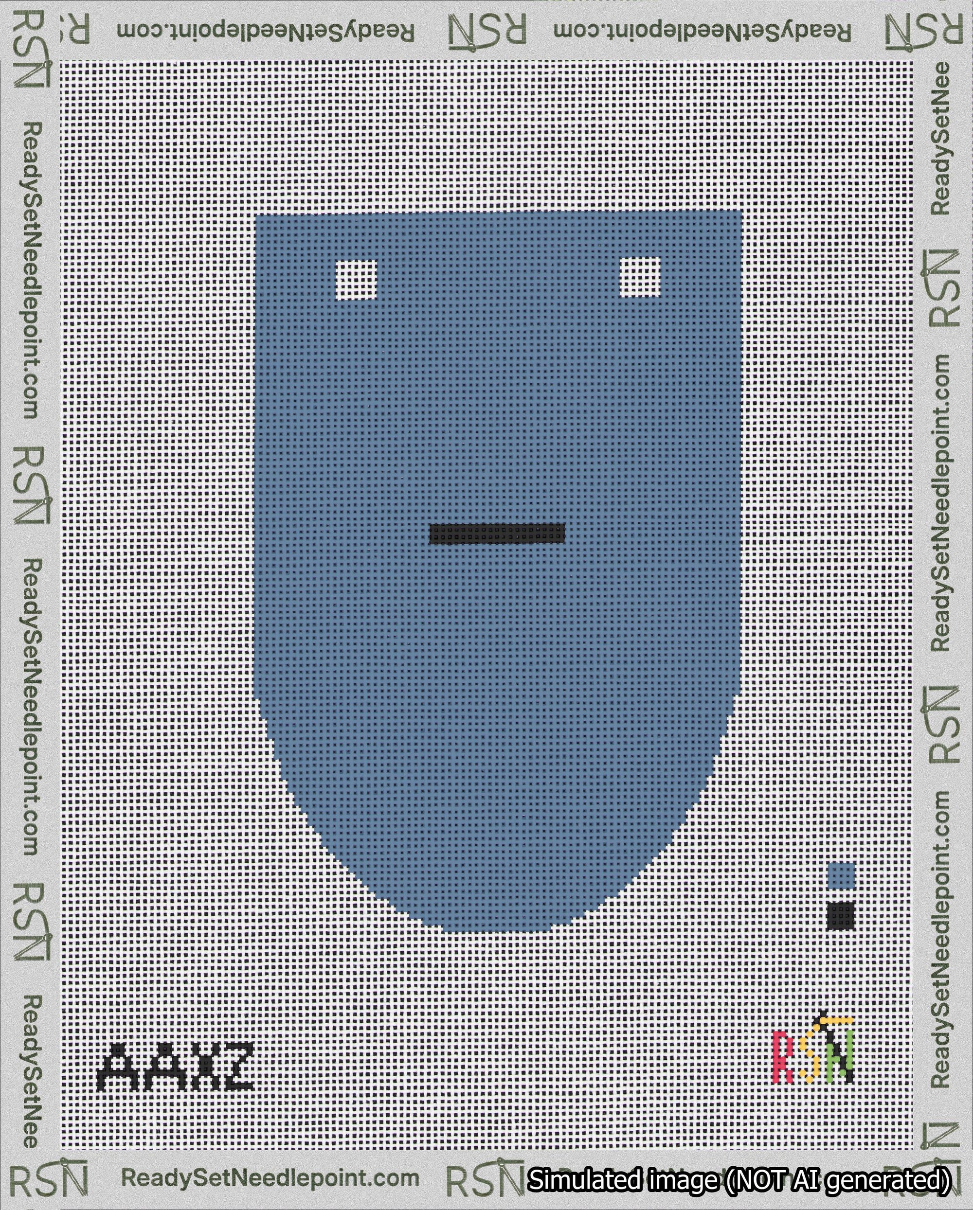 A taped needlepoint canvas with the design: Banner 18 mesh count Rounded Dash Black on Blue.