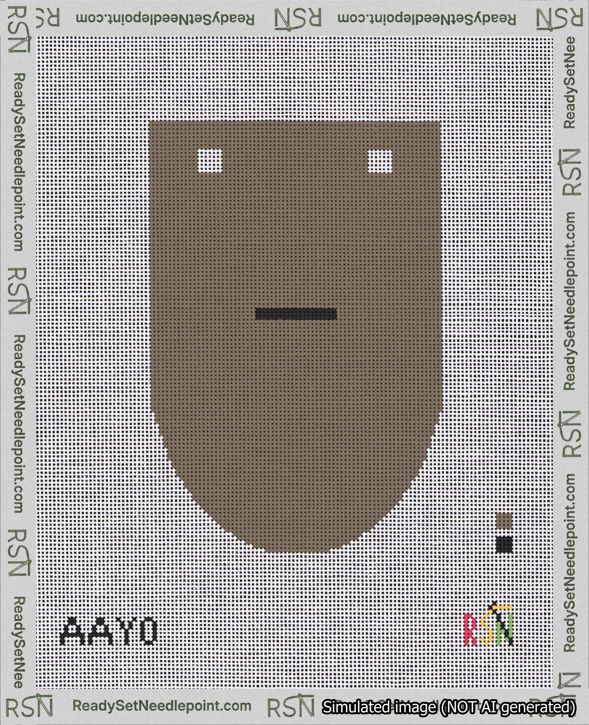 A taped needlepoint canvas with the design: Banner 18 mesh count Rounded Dash Black on Brown.