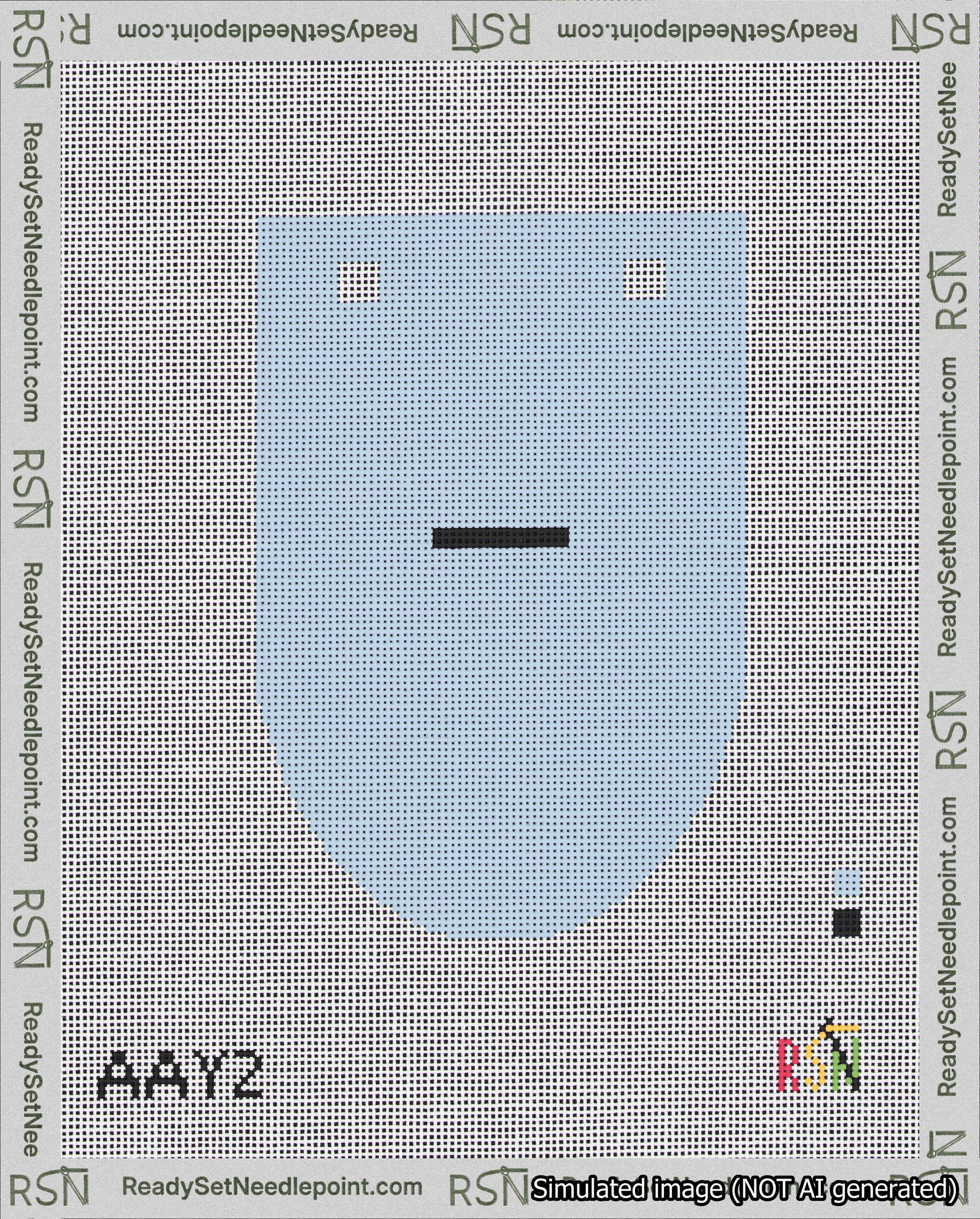 A taped needlepoint canvas with the design: Banner 18 mesh count Rounded Dash Black on Light Blue.