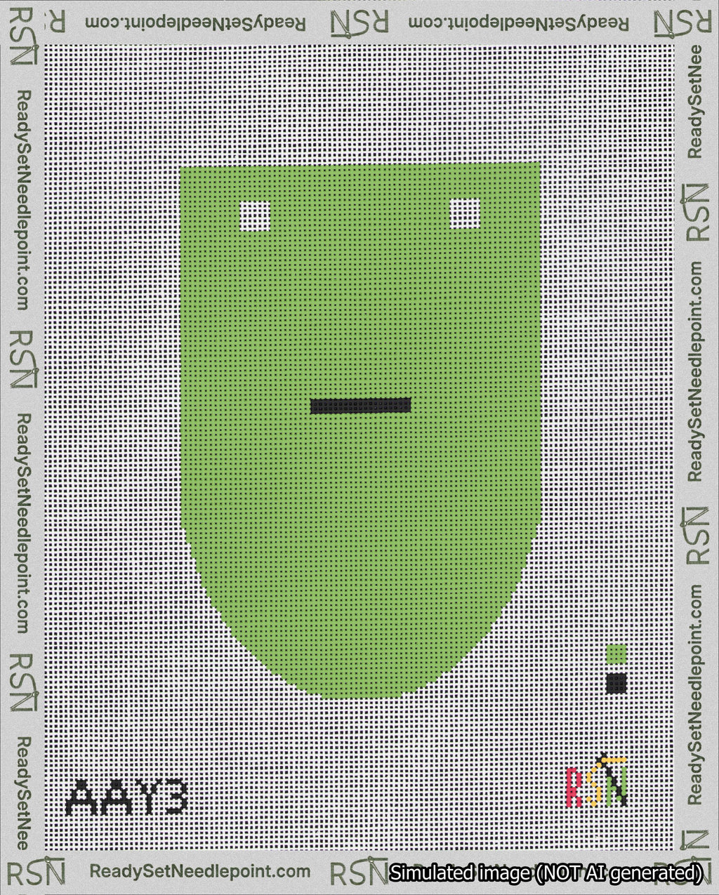 A taped needlepoint canvas with the design: Banner 18 mesh count Rounded Dash Black on Light Green.