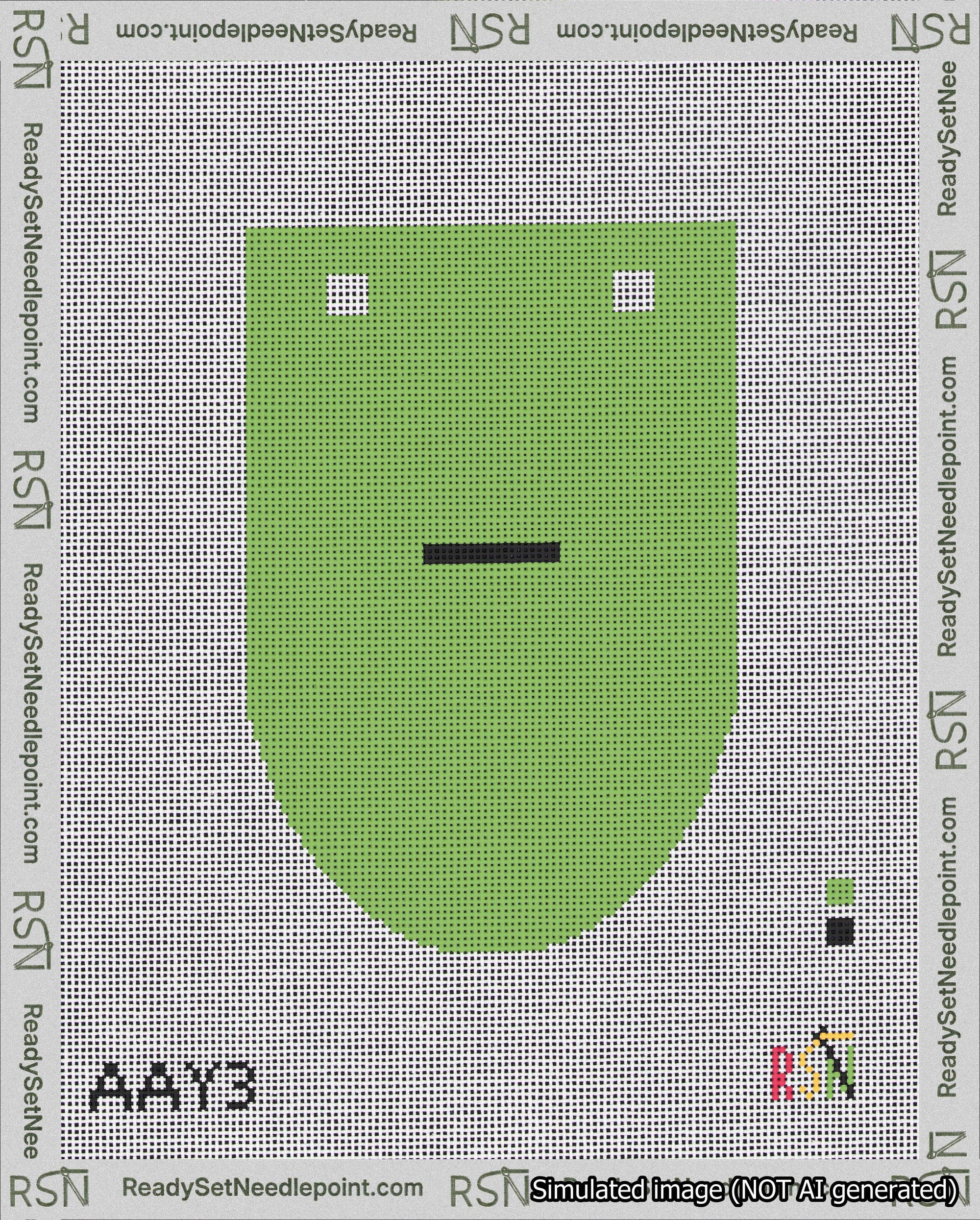 A taped needlepoint canvas with the design: Banner 18 mesh count Rounded Dash Black on Light Green.