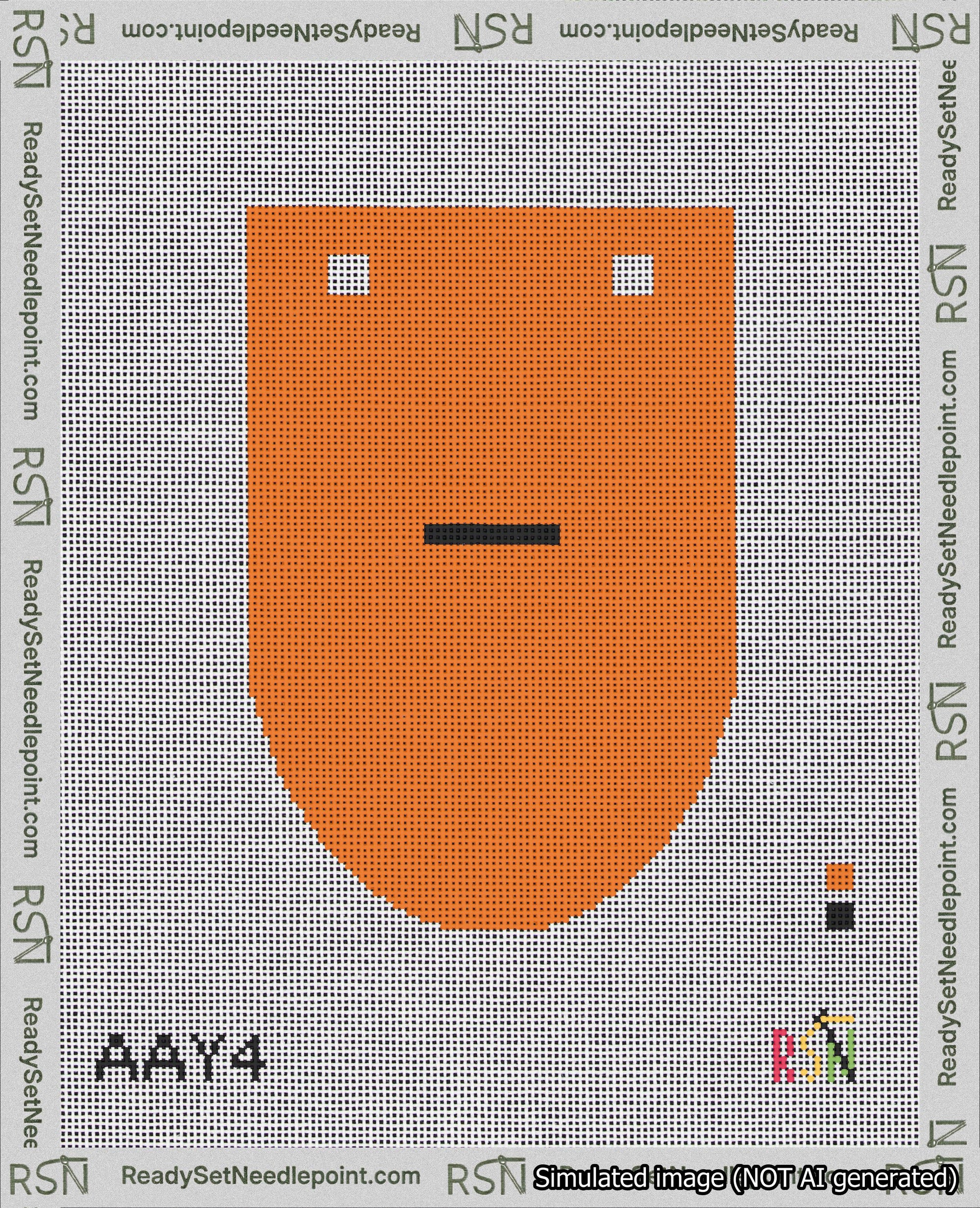 A taped needlepoint canvas with the design: Banner 18 mesh count Rounded Dash Black on Orange.