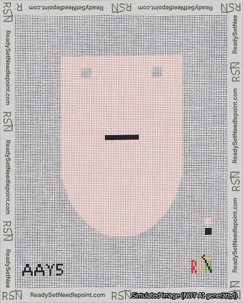 A taped needlepoint canvas with the design: Banner 18 mesh count Rounded Dash Black on Pink.