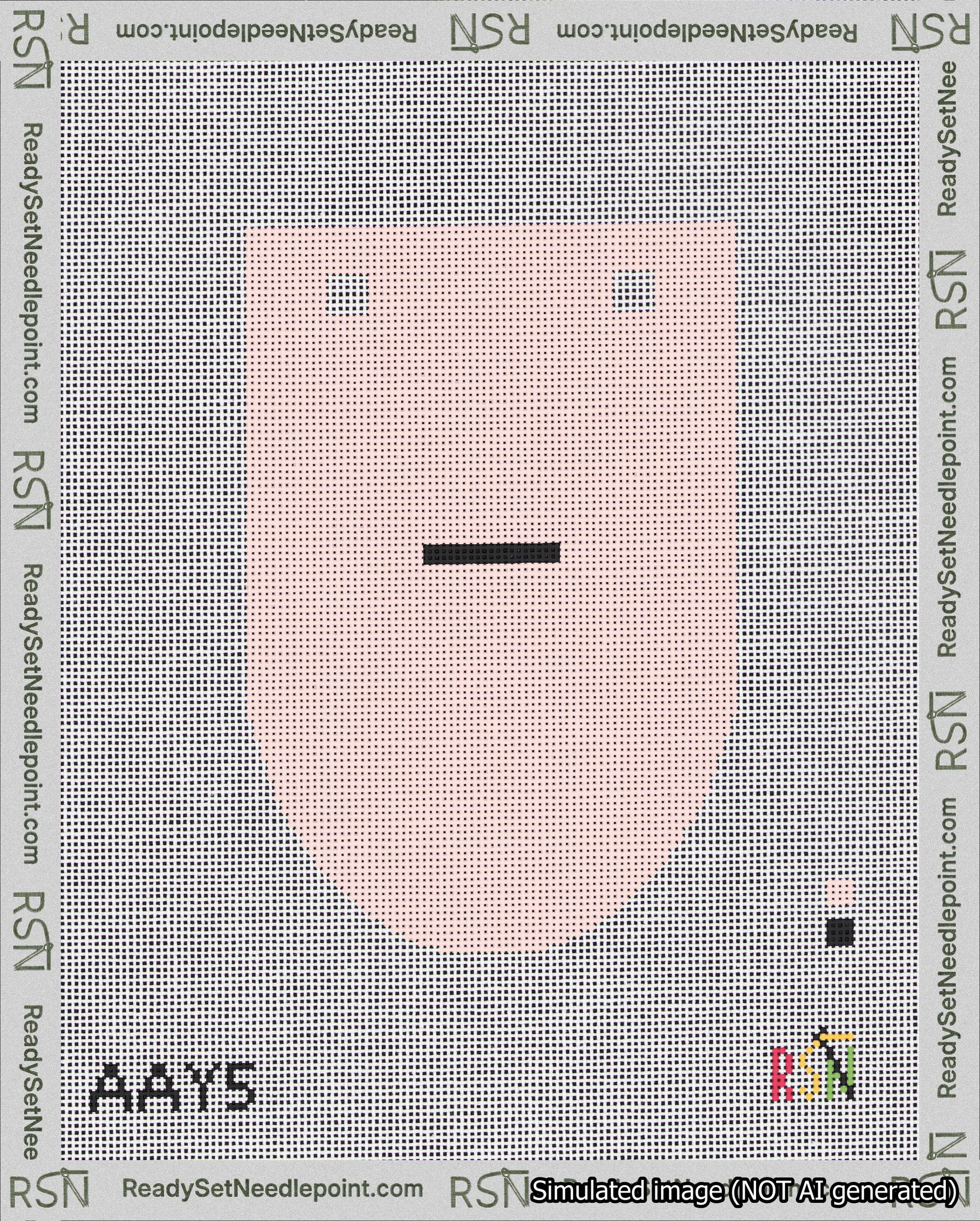 A taped needlepoint canvas with the design: Banner 18 mesh count Rounded Dash Black on Pink.