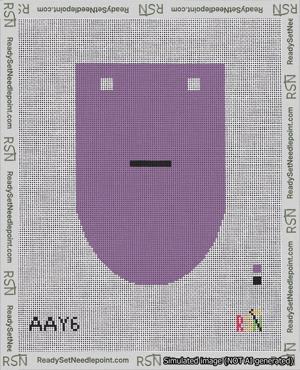 A taped needlepoint canvas with the design: Banner 18 mesh count Rounded Dash Black on Purple.