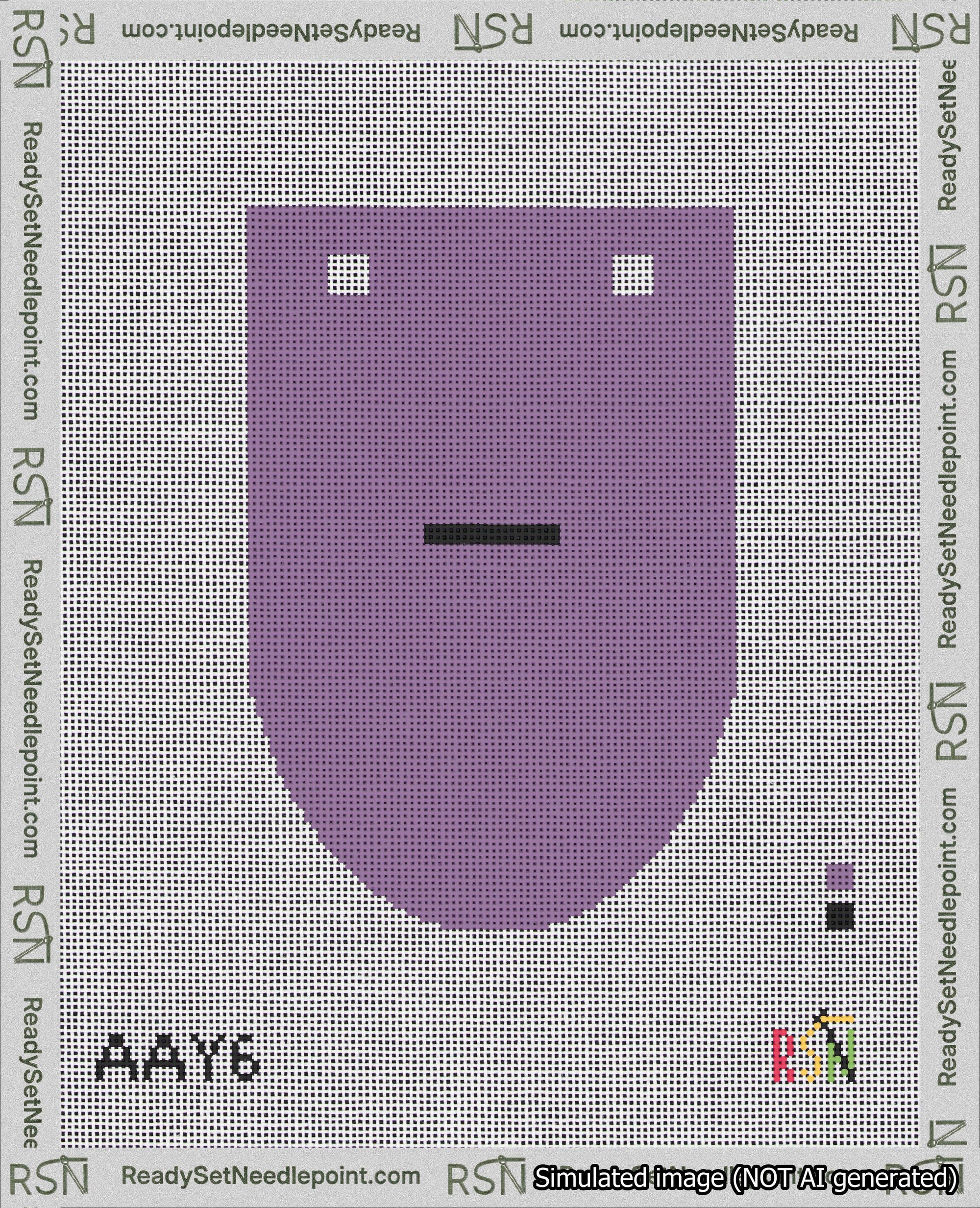 A taped needlepoint canvas with the design: Banner 18 mesh count Rounded Dash Black on Purple.