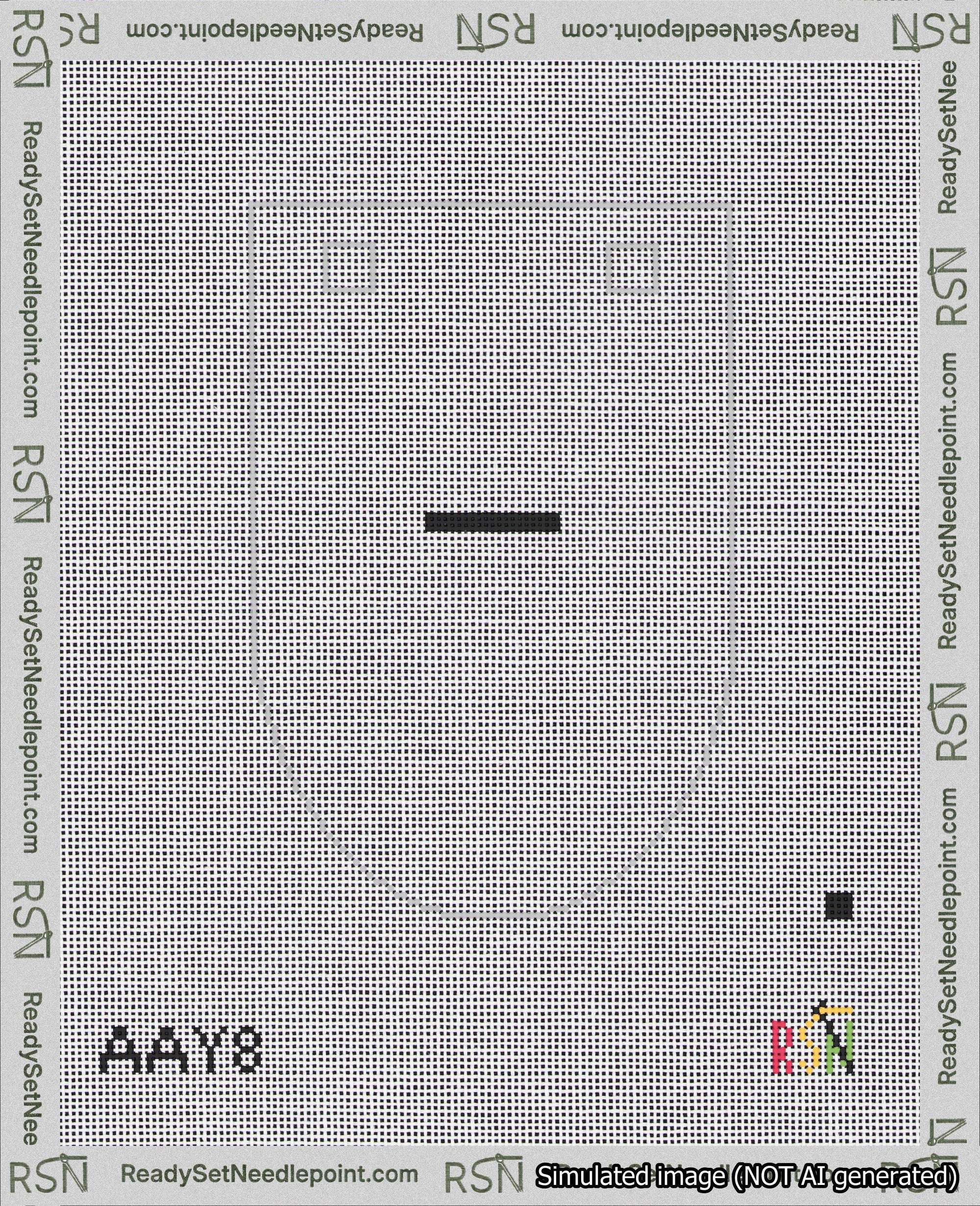 A taped needlepoint canvas with the design: Banner 18 mesh count Rounded Dash Black on White.