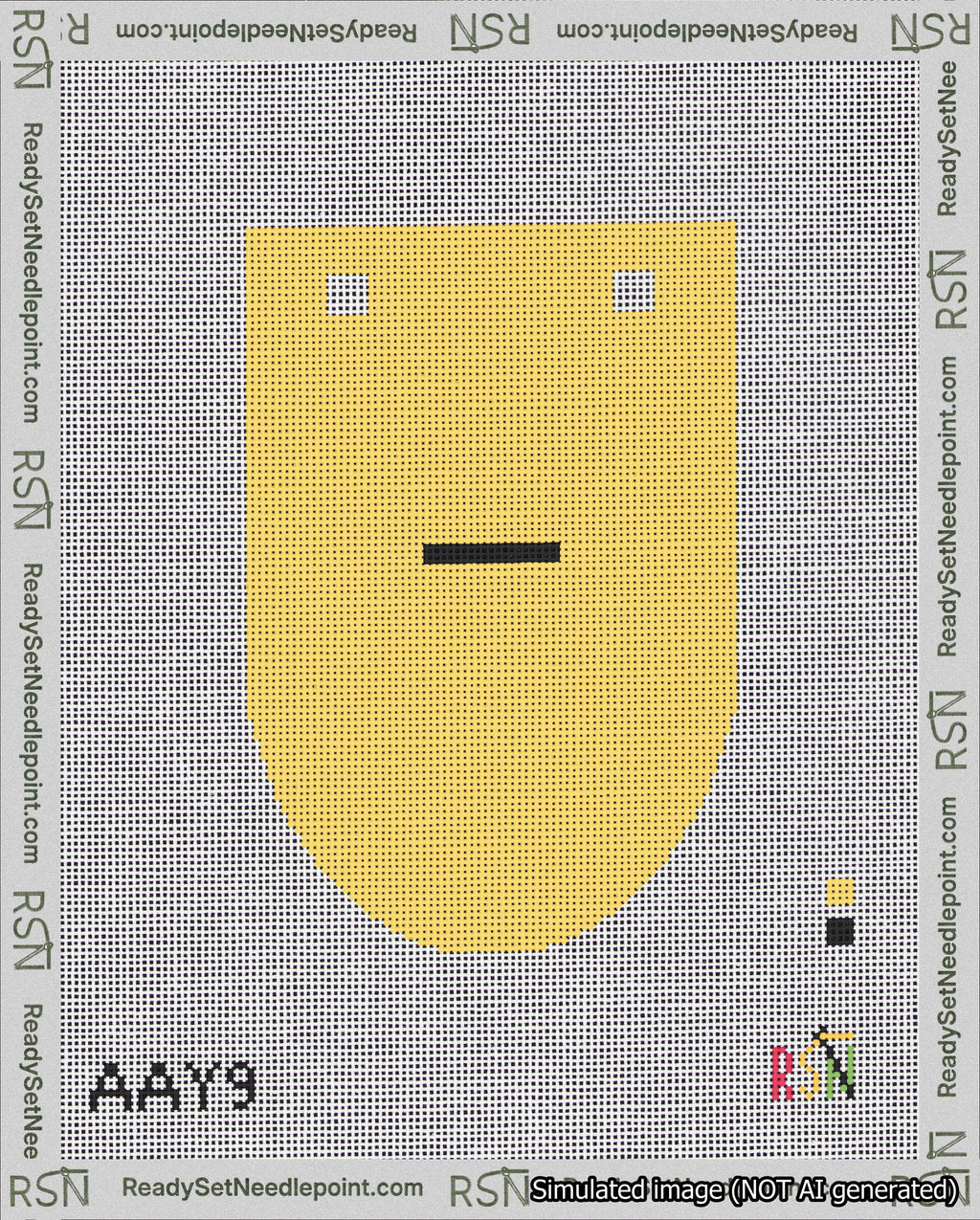 A taped needlepoint canvas with the design: Banner 18 mesh count Rounded Dash Black on Yellow.