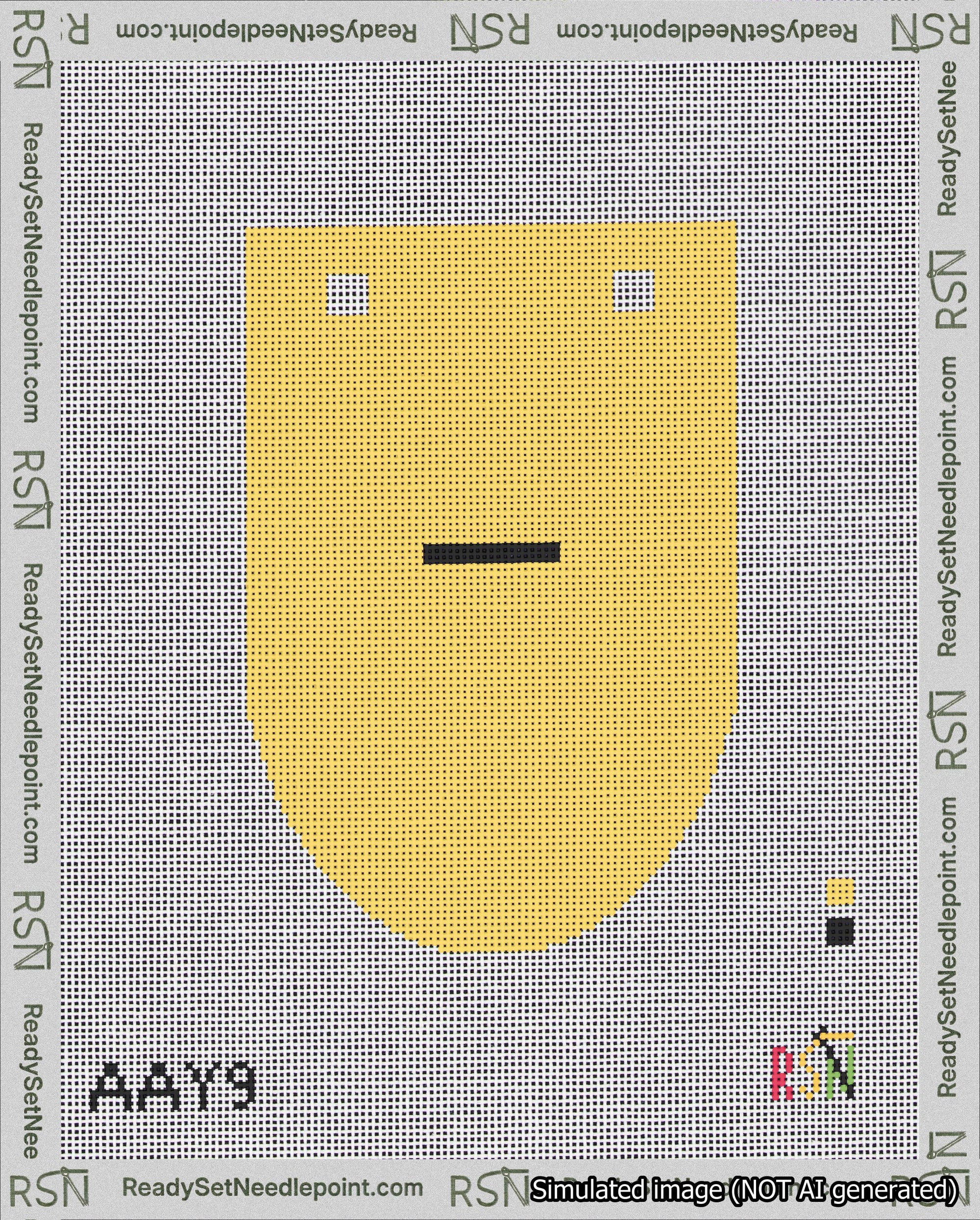 A taped needlepoint canvas with the design: Banner 18 mesh count Rounded Dash Black on Yellow.