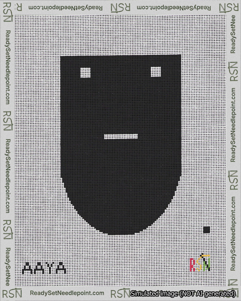 A taped needlepoint canvas with the design: Banner 18 mesh count Rounded Dash White on Black.