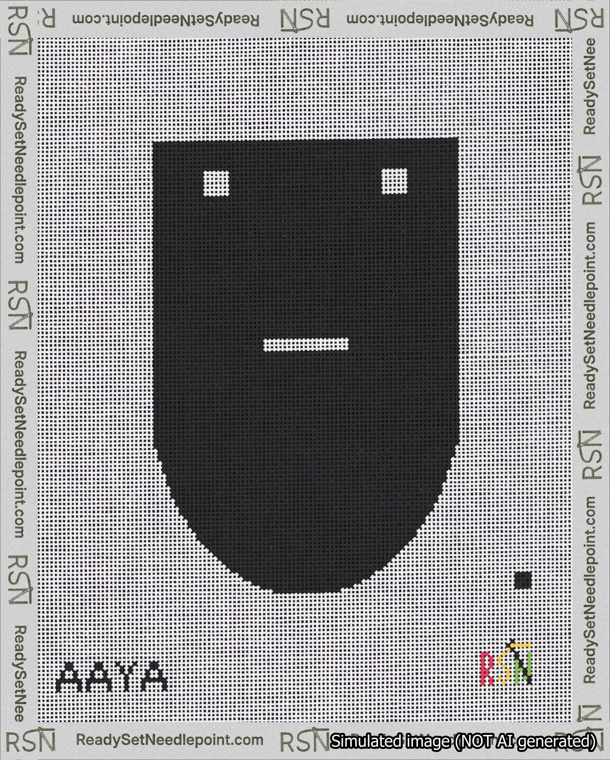 A taped needlepoint canvas with the design: Banner 18 mesh count Rounded Dash White on Black.