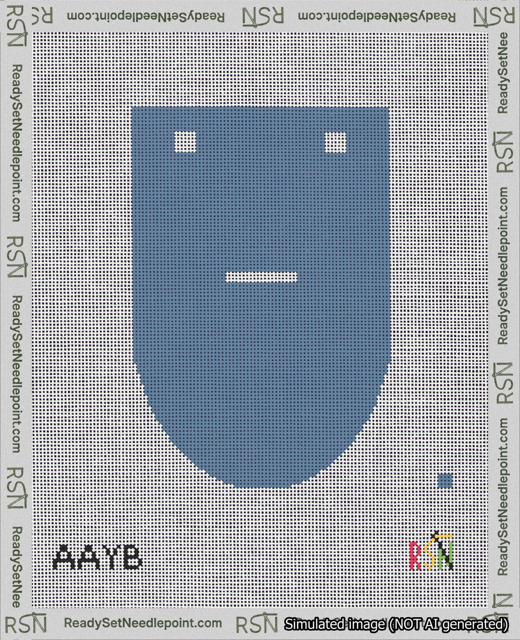 A taped needlepoint canvas with the design: Banner 18 mesh count Rounded Dash White on Blue.