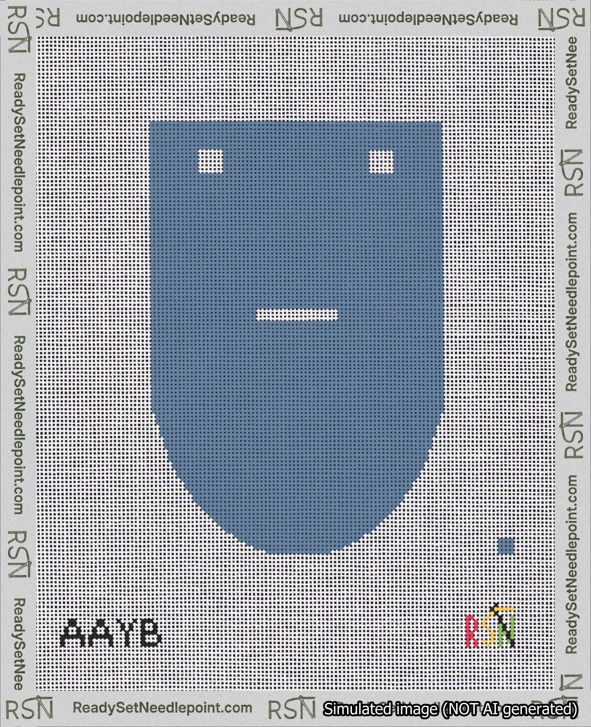 A taped needlepoint canvas with the design: Banner 18 mesh count Rounded Dash White on Blue.