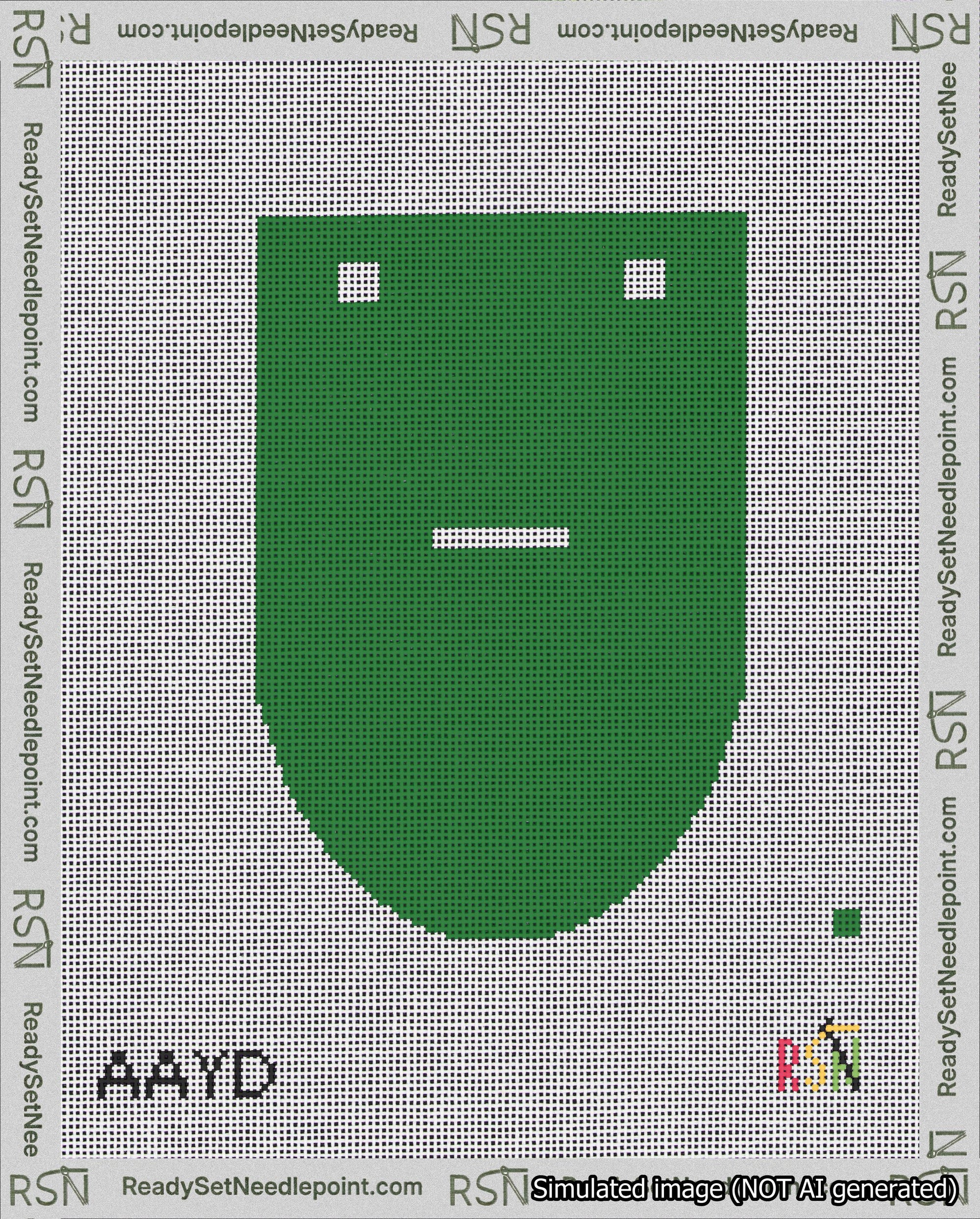 A taped needlepoint canvas with the design: Banner 18 mesh count Rounded Dash White on Green.