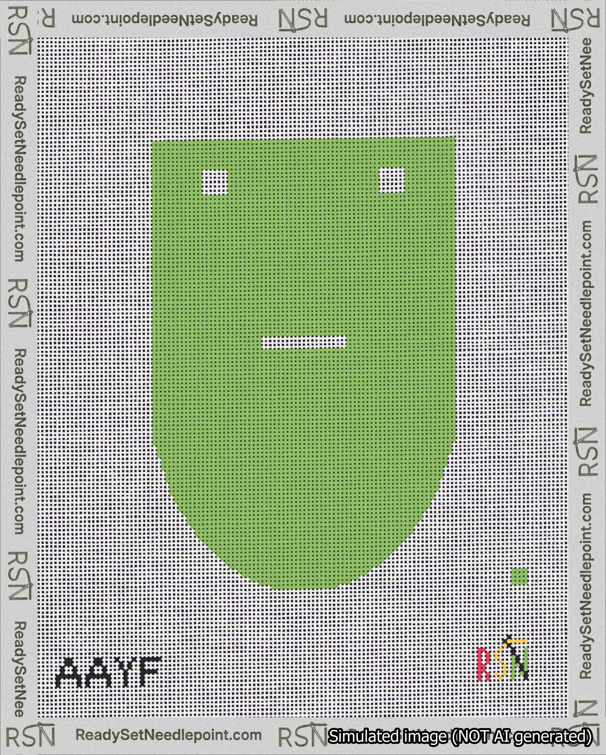A taped needlepoint canvas with the design: Banner 18 mesh count Rounded Dash White on Light Green.
