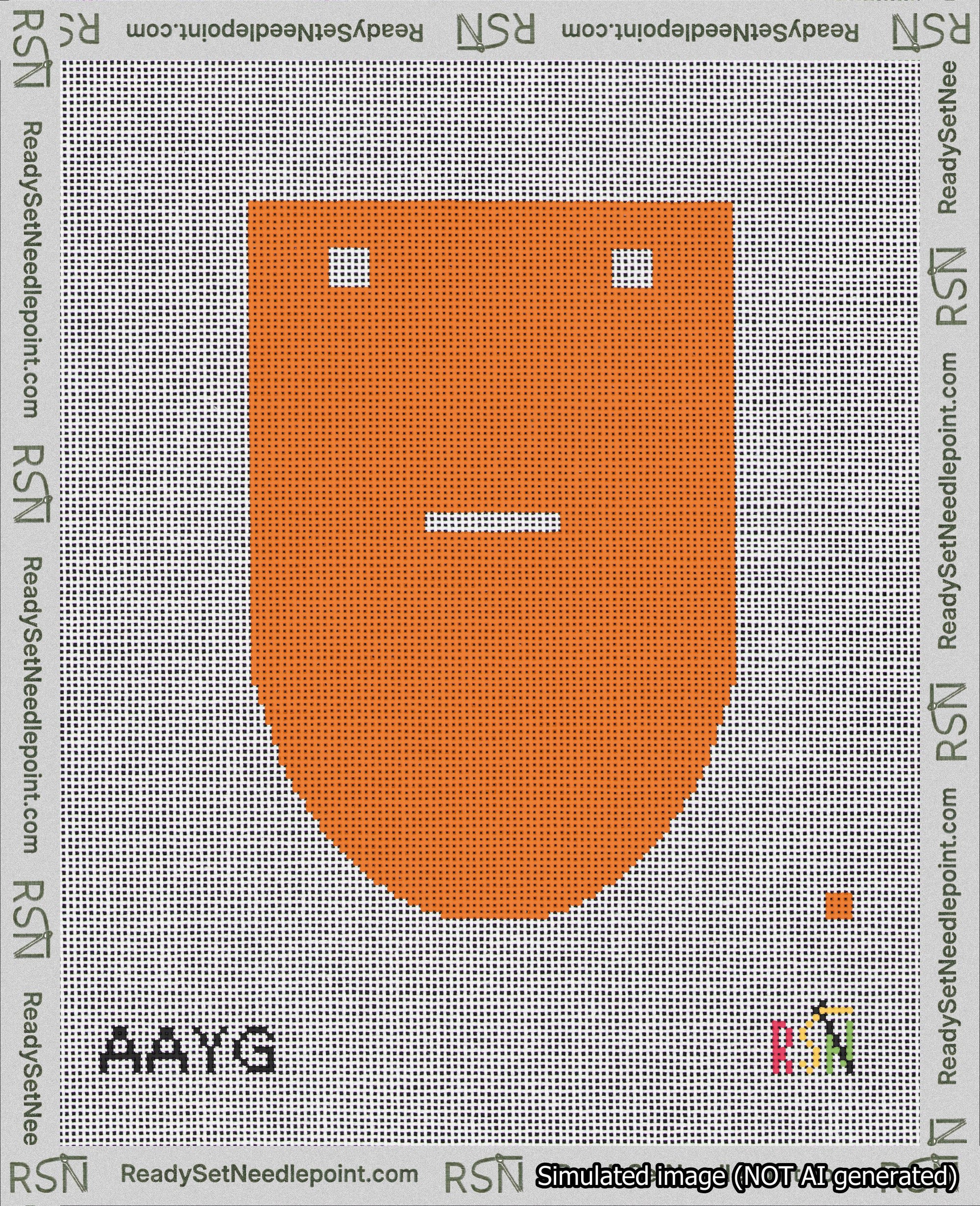 A taped needlepoint canvas with the design: Banner 18 mesh count Rounded Dash White on Orange.