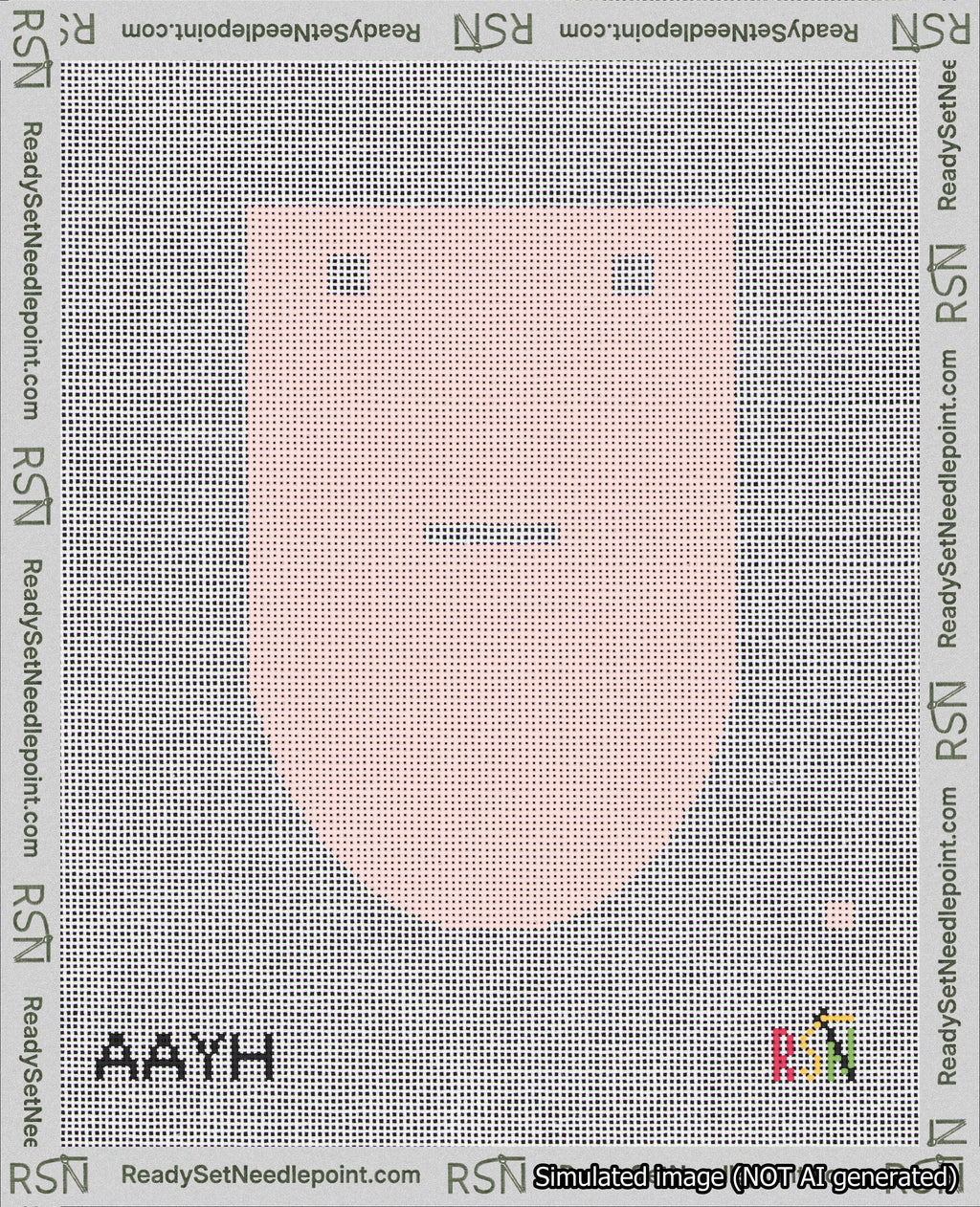 A taped needlepoint canvas with the design: Banner 18 mesh count Rounded Dash White on Pink.