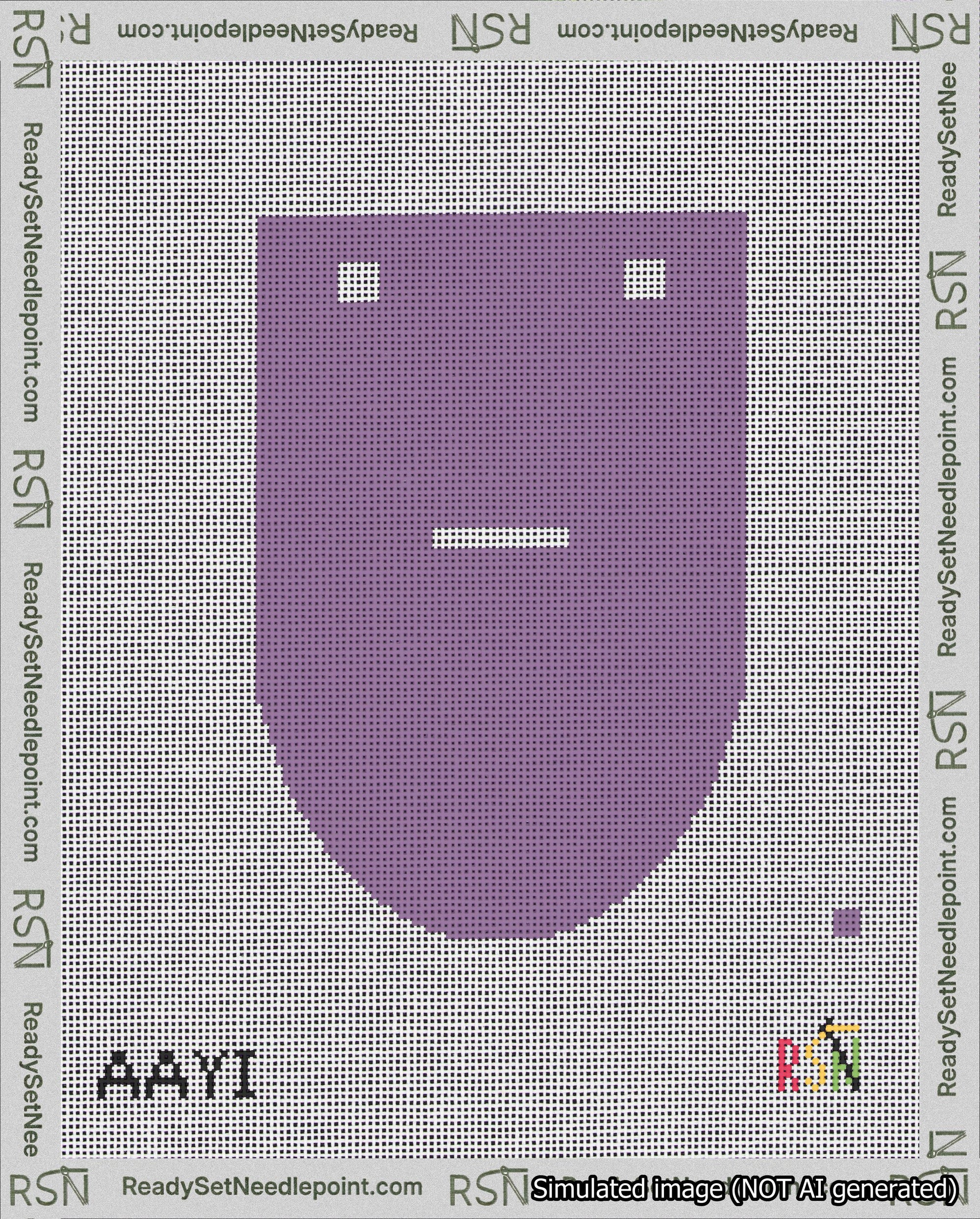 A taped needlepoint canvas with the design: Banner 18 mesh count Rounded Dash White on Purple.