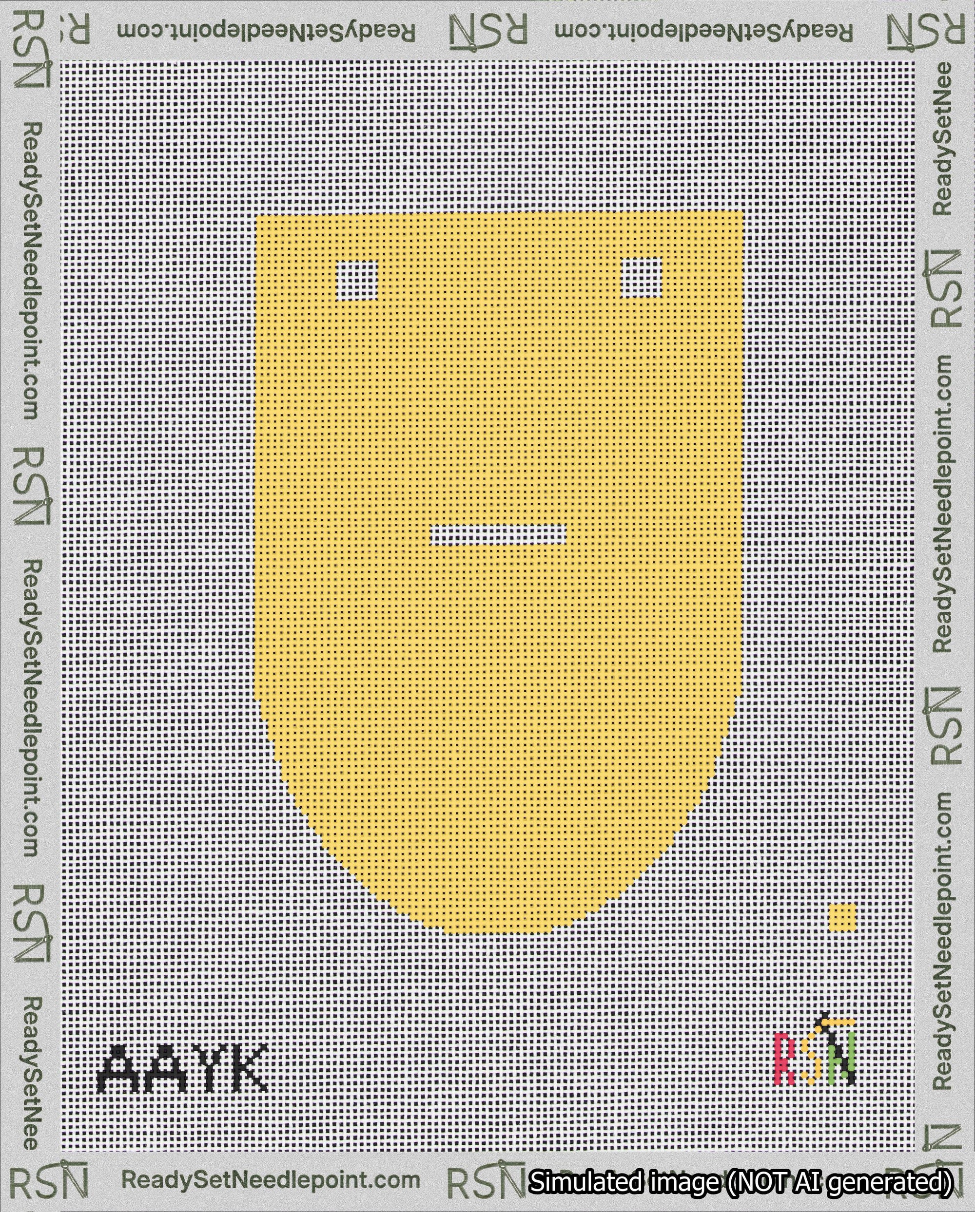 A taped needlepoint canvas with the design: Banner 18 mesh count Rounded Dash White on Yellow.