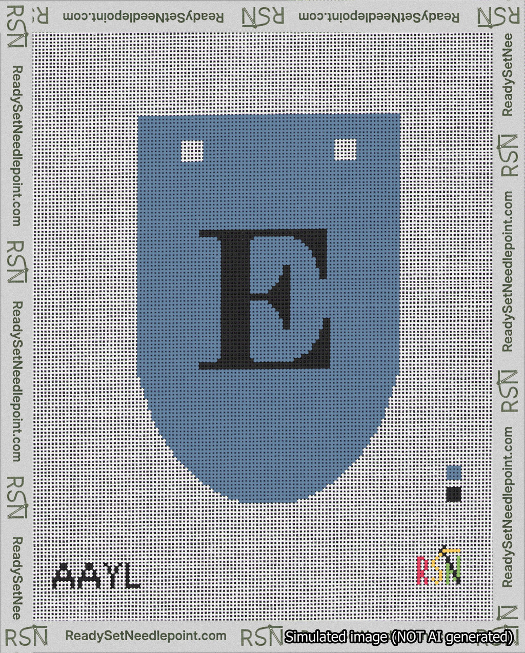 A taped needlepoint canvas with the design: Banner 18 mesh count Rounded E Black on Blue.