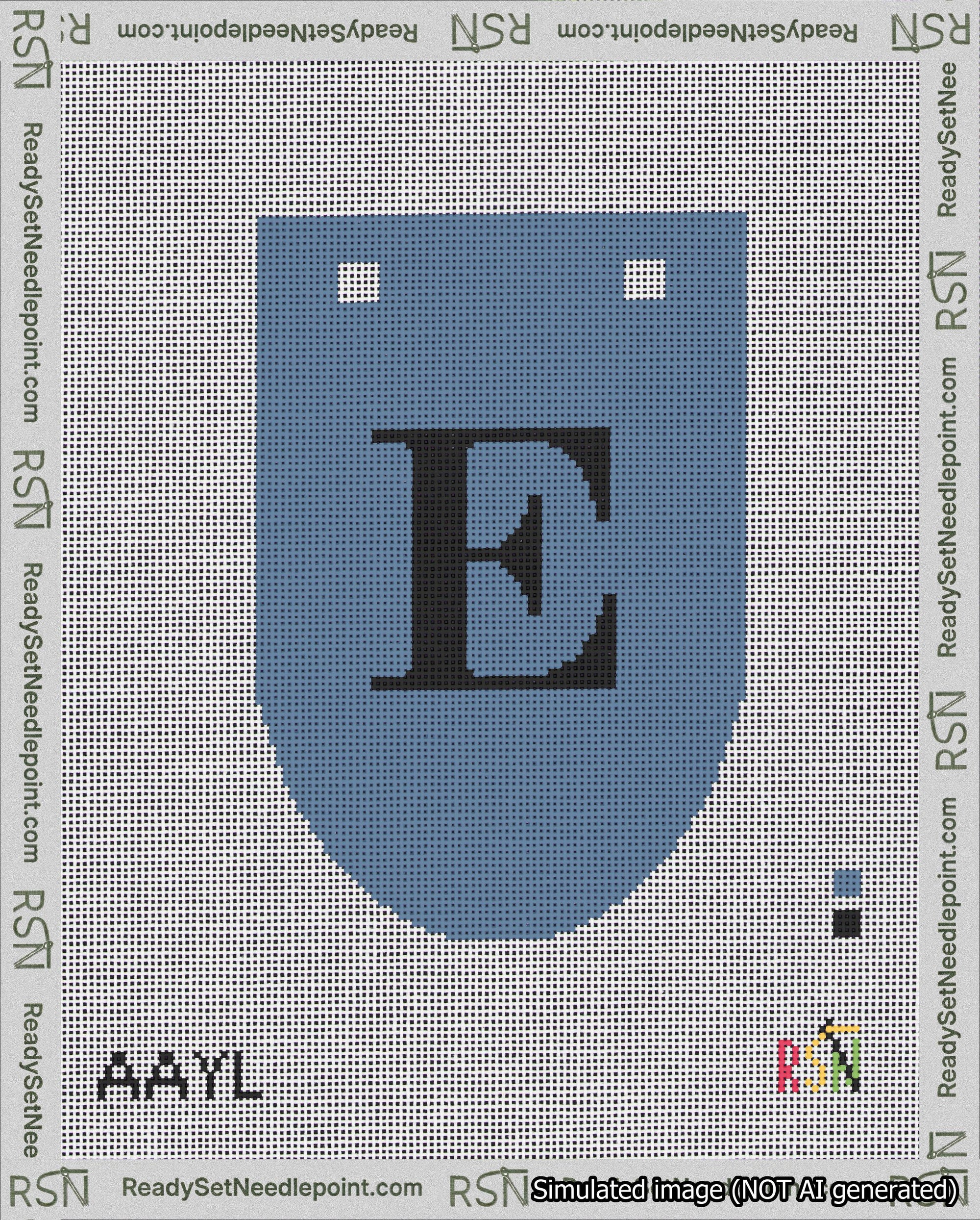 A taped needlepoint canvas with the design: Banner 18 mesh count Rounded E Black on Blue.