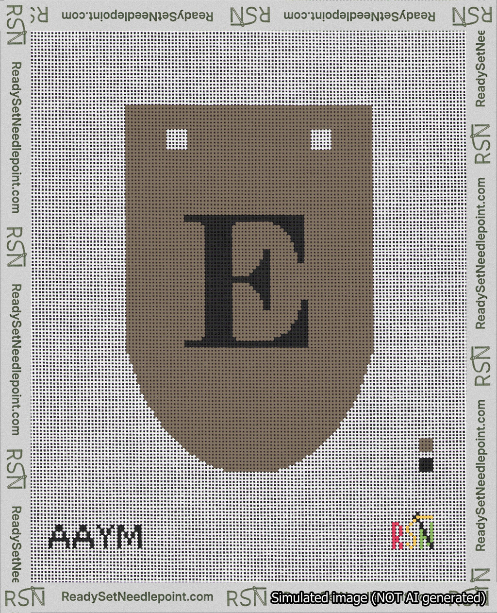 A taped needlepoint canvas with the design: Banner 18 mesh count Rounded E Black on Brown.