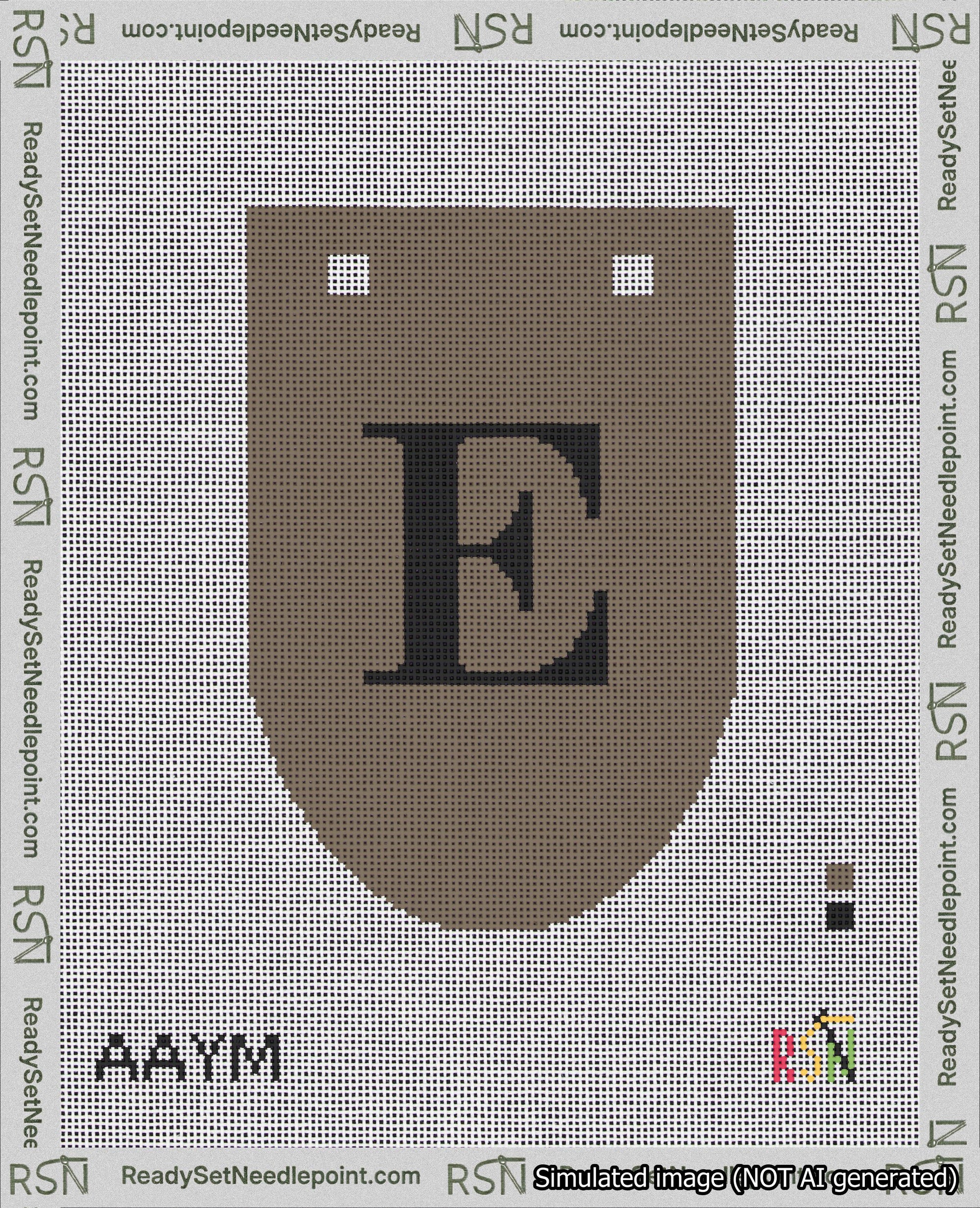 A taped needlepoint canvas with the design: Banner 18 mesh count Rounded E Black on Brown.