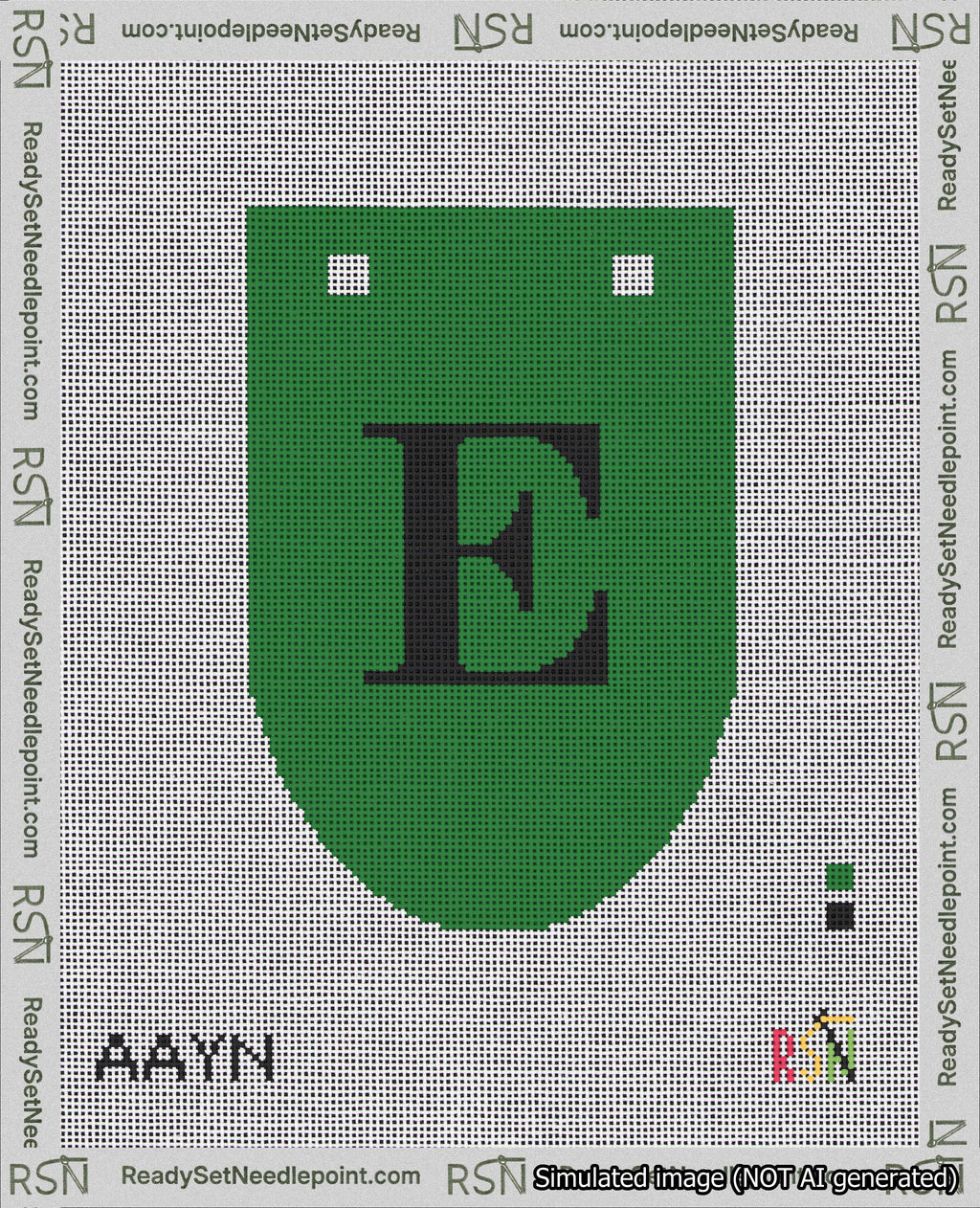 A taped needlepoint canvas with the design: Banner 18 mesh count Rounded E Black on Green.