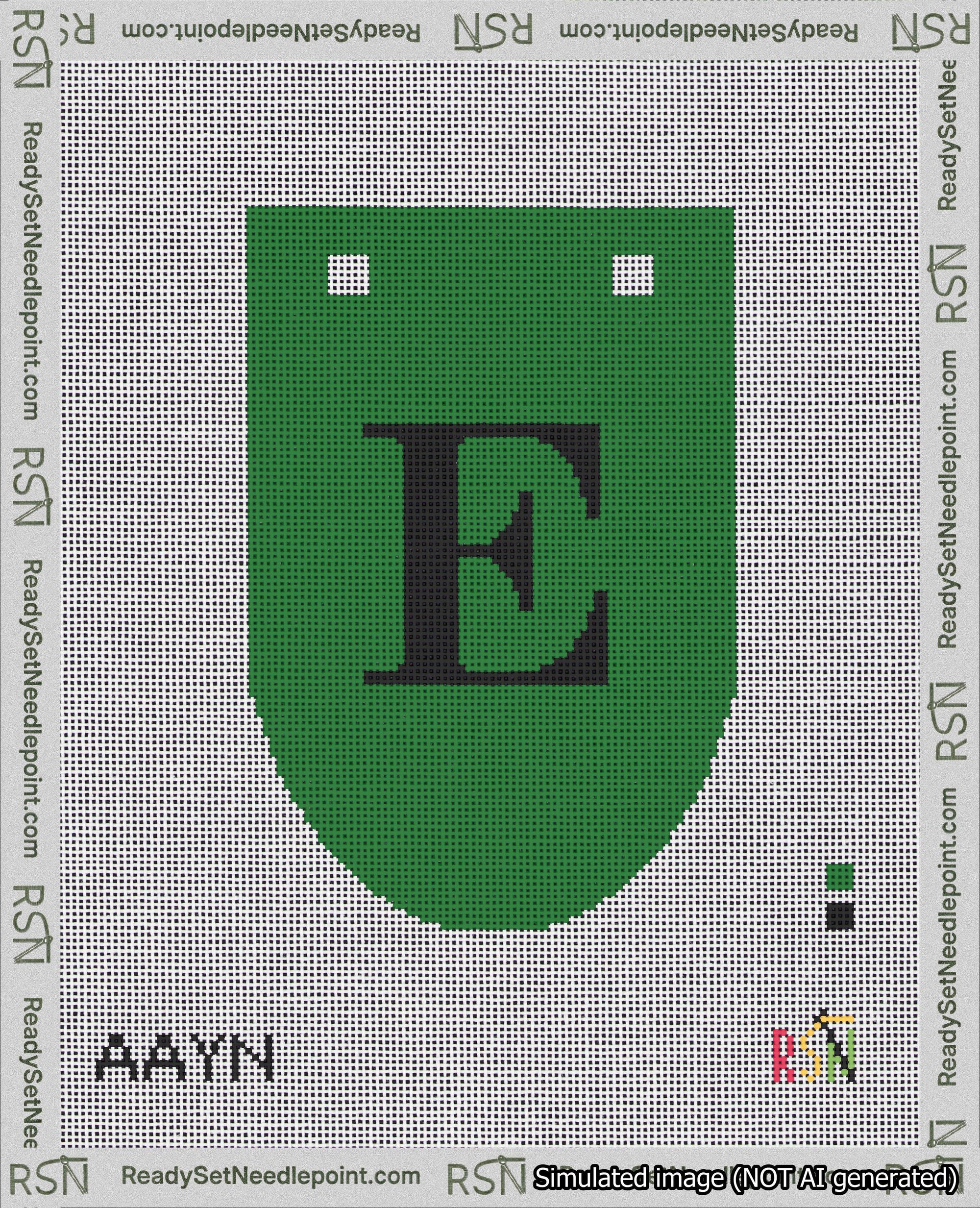 A taped needlepoint canvas with the design: Banner 18 mesh count Rounded E Black on Green.