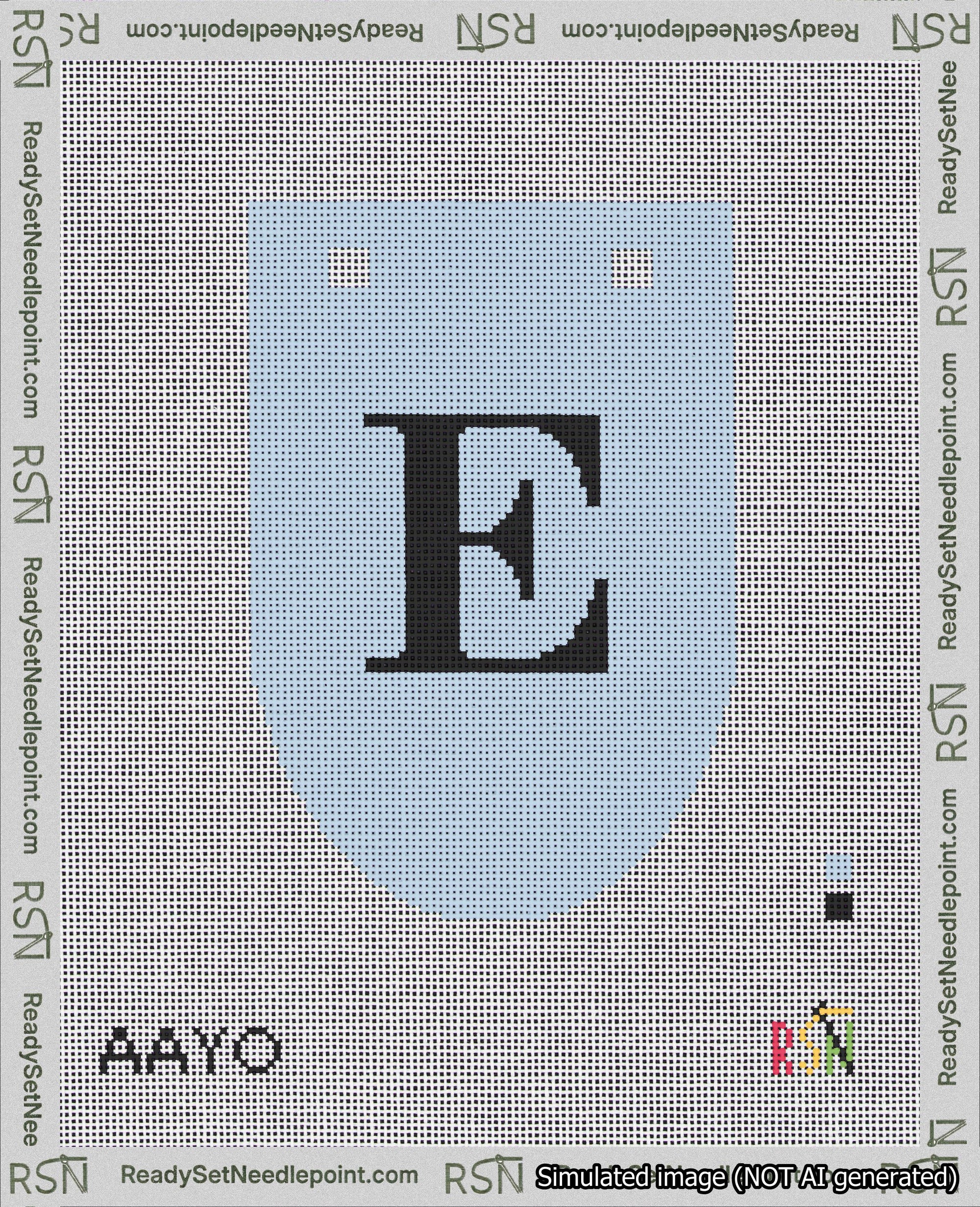 A taped needlepoint canvas with the design: Banner 18 mesh count Rounded E Black on Light Blue.