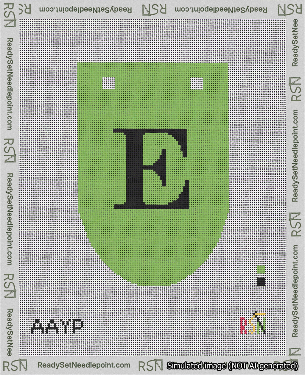 A taped needlepoint canvas with the design: Banner 18 mesh count Rounded E Black on Light Green.
