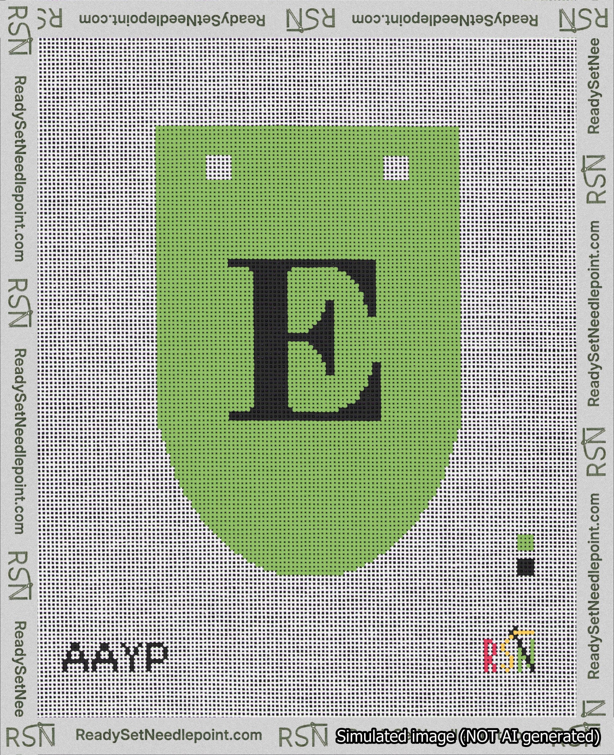 A taped needlepoint canvas with the design: Banner 18 mesh count Rounded E Black on Light Green.
