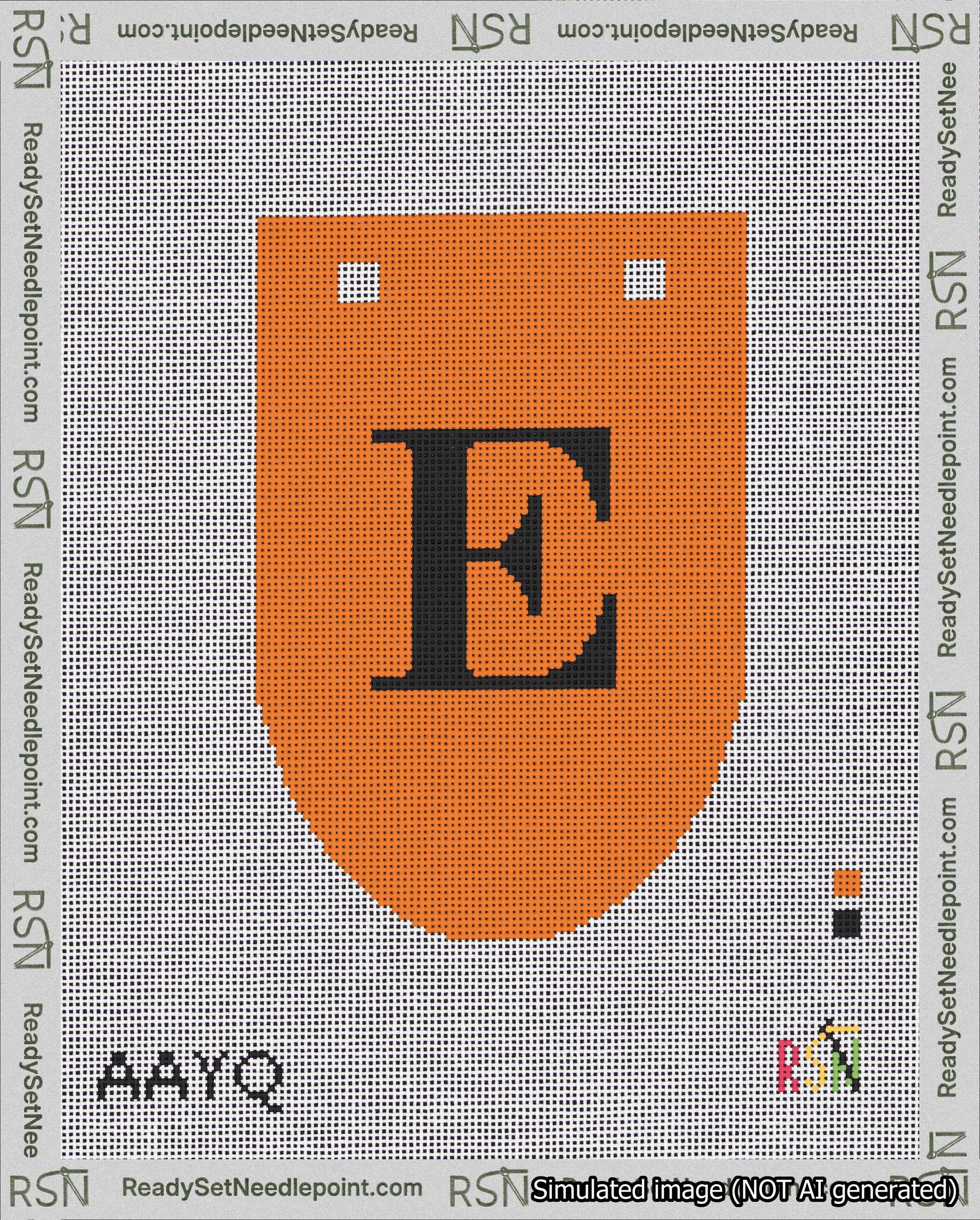 A taped needlepoint canvas with the design: Banner 18 mesh count Rounded E Black on Orange.