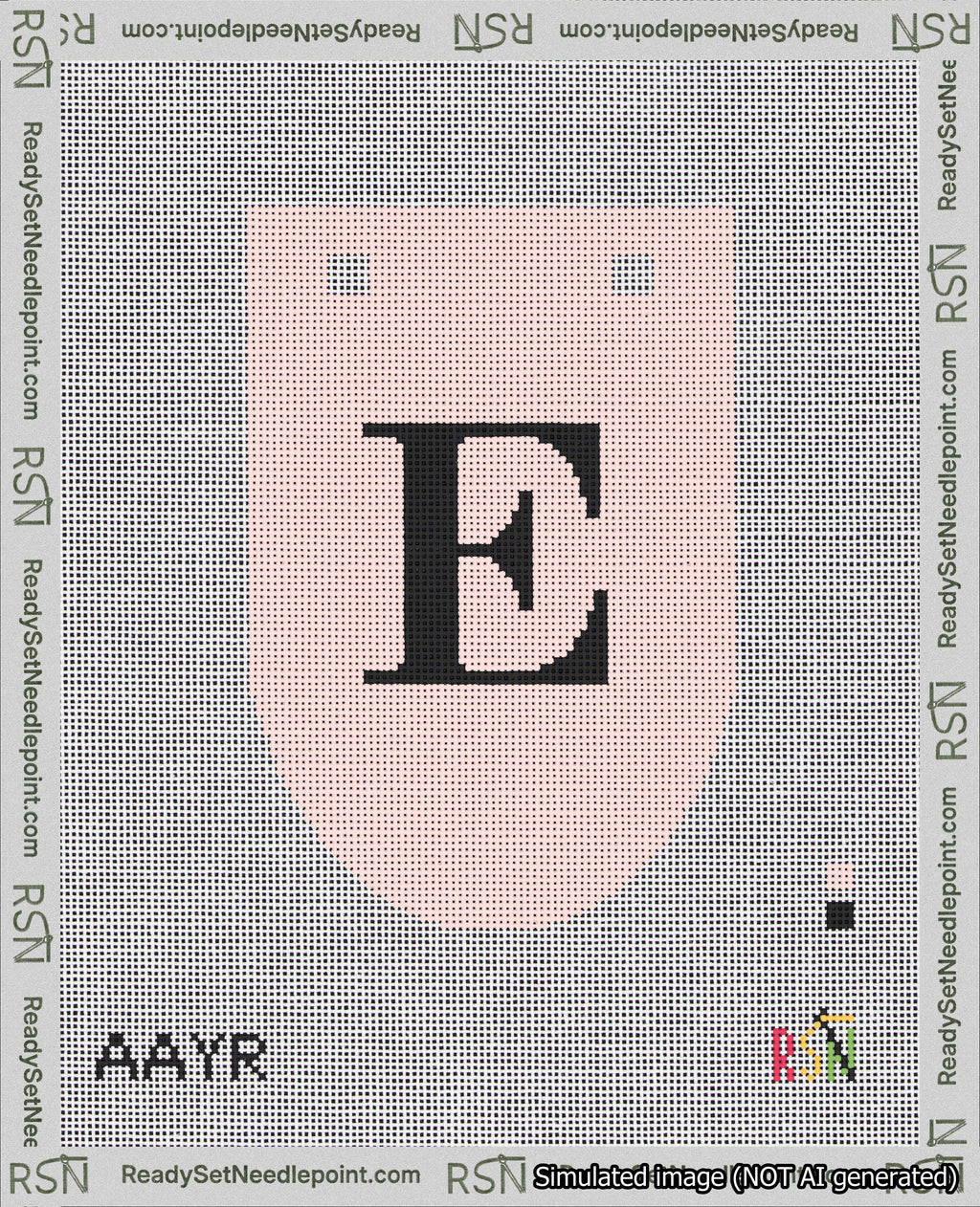 A taped needlepoint canvas with the design: Banner 18 mesh count Rounded E Black on Pink.