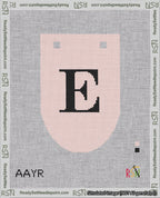 A taped needlepoint canvas with the design: Banner 18 mesh count Rounded E Black on Pink.