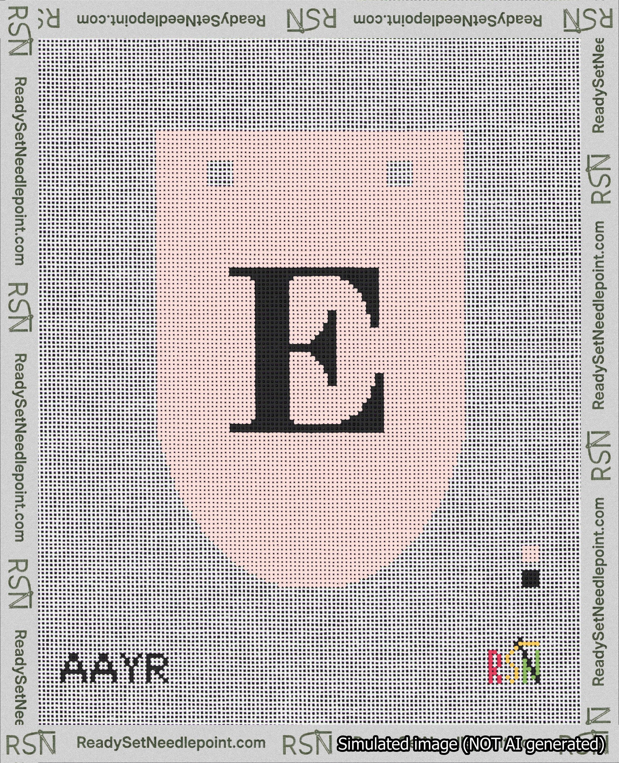 A taped needlepoint canvas with the design: Banner 18 mesh count Rounded E Black on Pink.