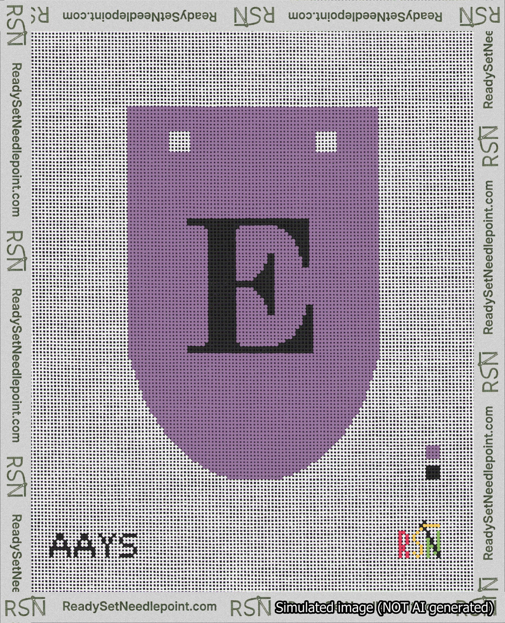 A taped needlepoint canvas with the design: Banner 18 mesh count Rounded E Black on Purple.
