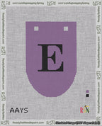 A taped needlepoint canvas with the design: Banner 18 mesh count Rounded E Black on Purple.