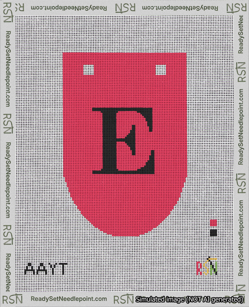 A taped needlepoint canvas with the design: Banner 18 mesh count Rounded E Black on Red.