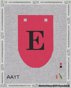 A taped needlepoint canvas with the design: Banner 18 mesh count Rounded E Black on Red.