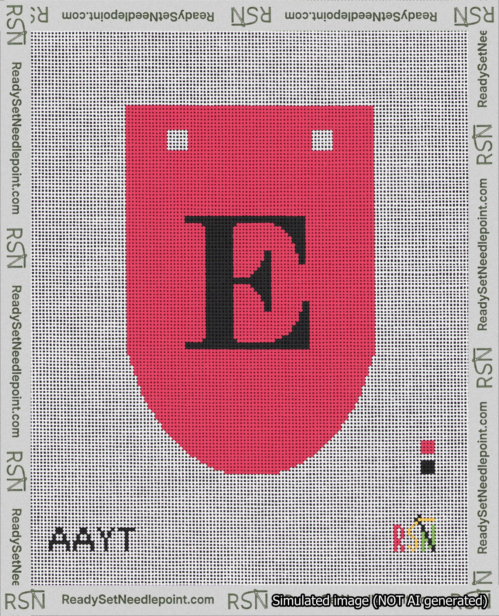 A taped needlepoint canvas with the design: Banner 18 mesh count Rounded E Black on Red.