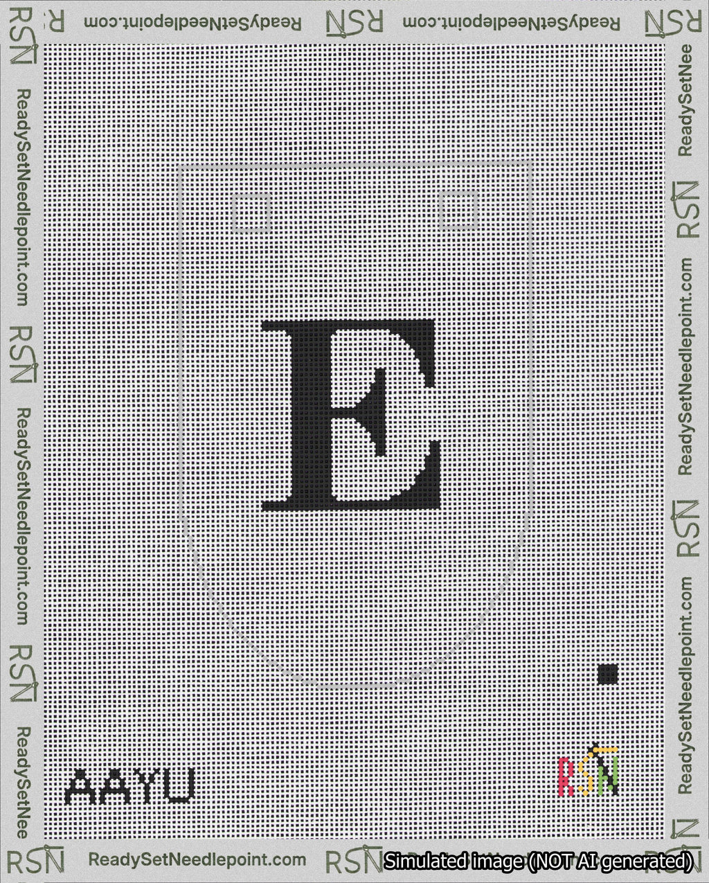 A taped needlepoint canvas with the design: Banner 18 mesh count Rounded E Black on White.