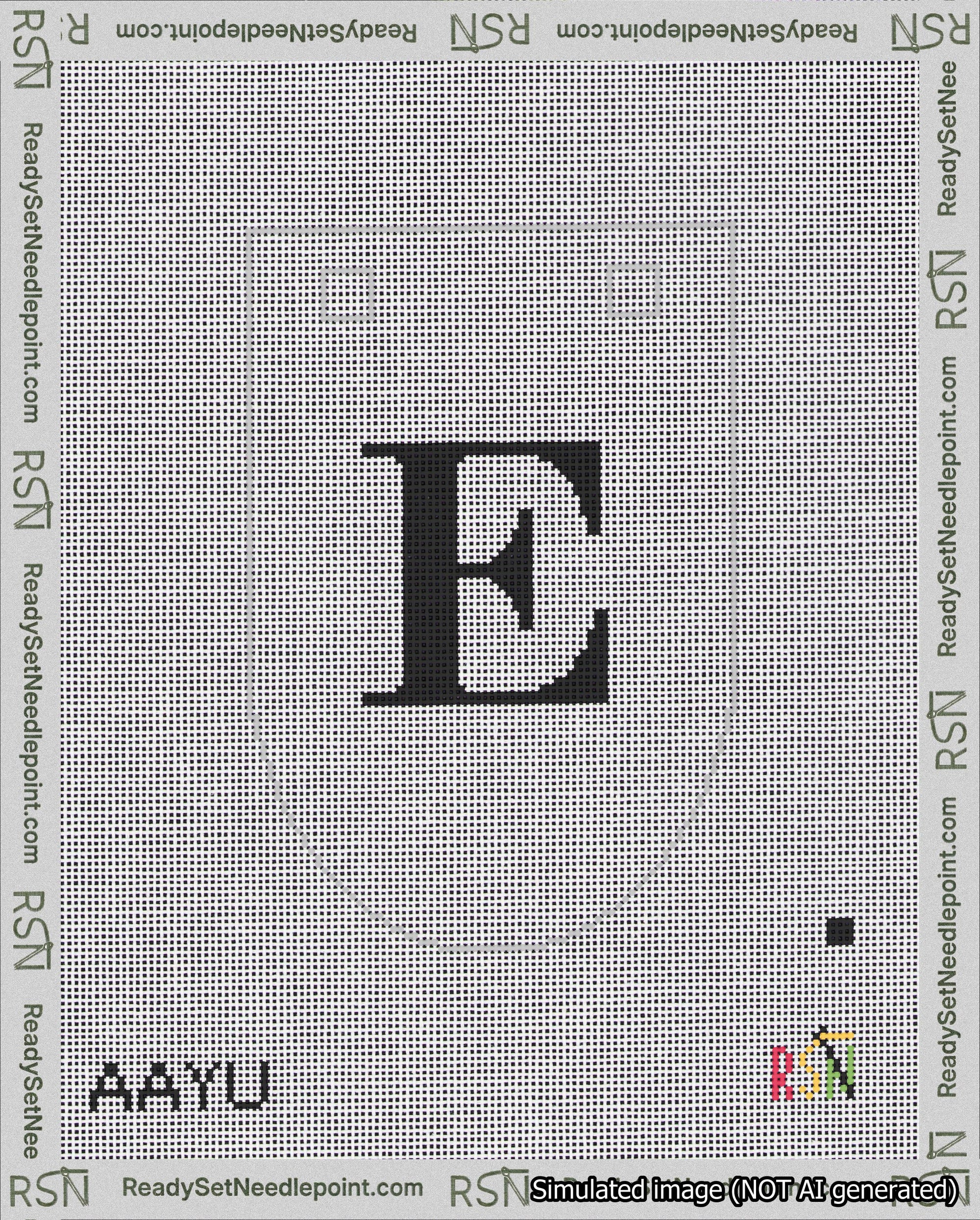 A taped needlepoint canvas with the design: Banner 18 mesh count Rounded E Black on White.