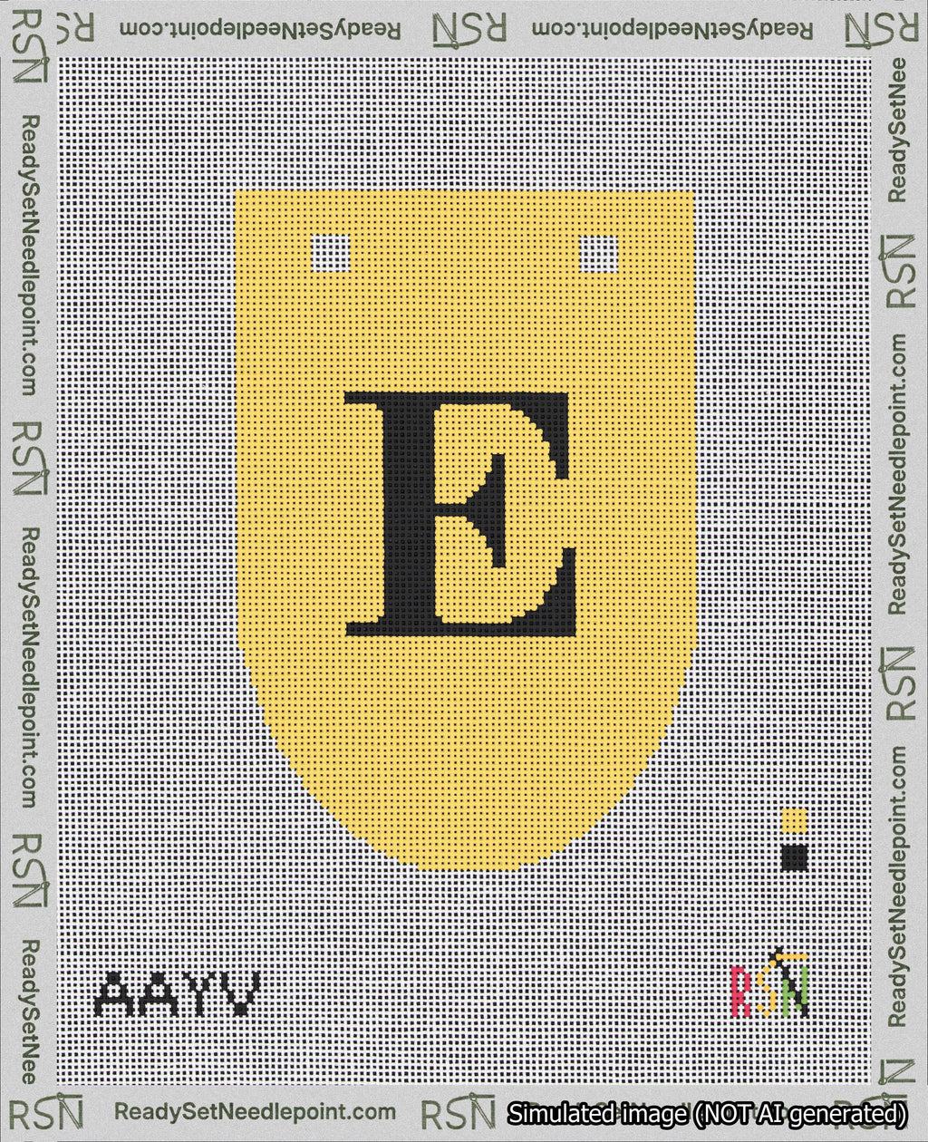 A taped needlepoint canvas with the design: Banner 18 mesh count Rounded E Black on Yellow.